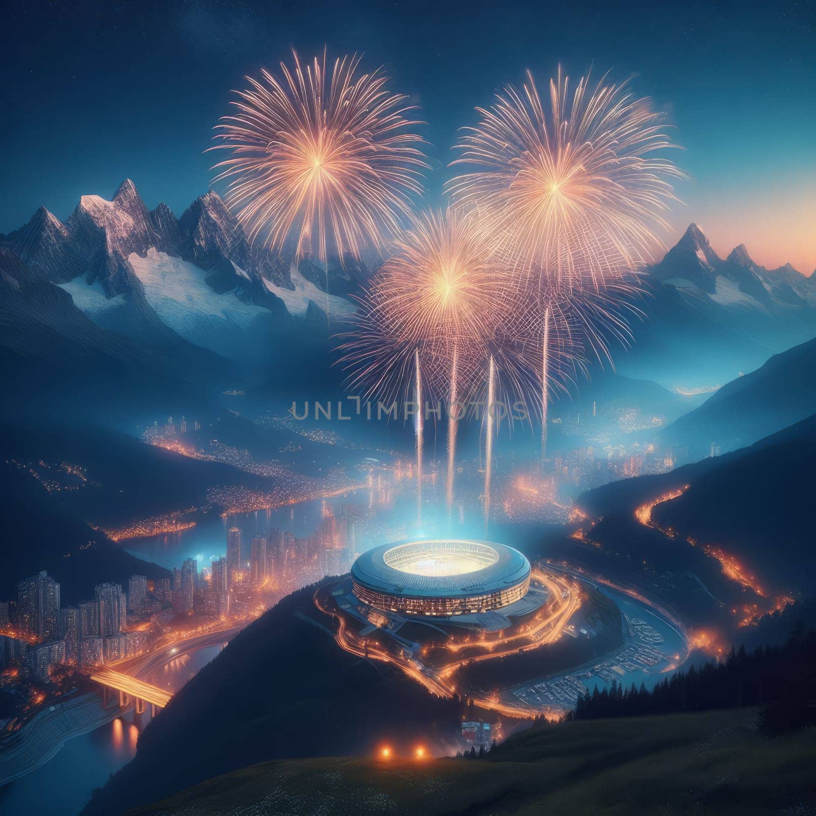 Fireworks illuminate a cityscape with a stadium, nestled amidst majestic mountains at dusk. by sfinks