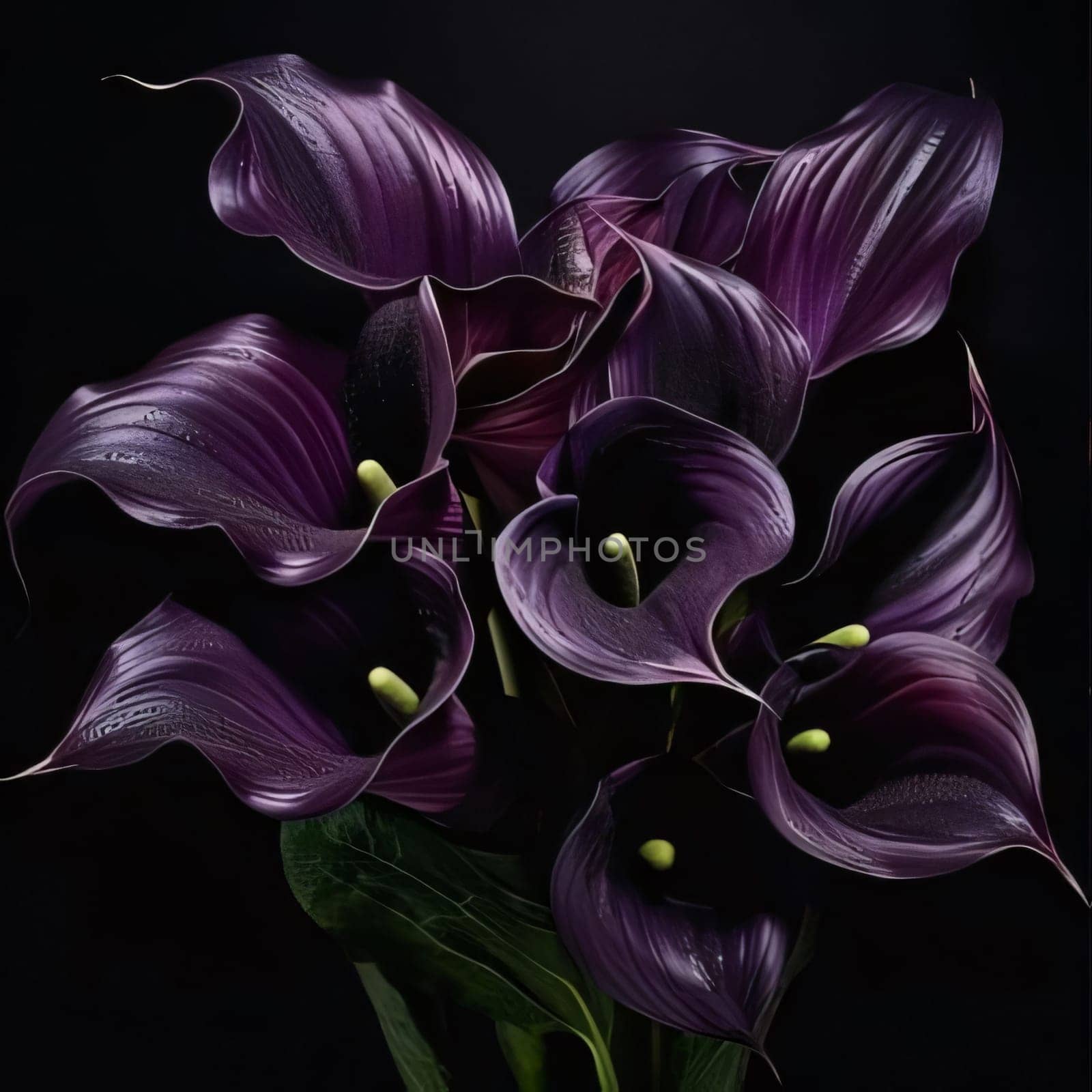 Purple lilies bouquet of flowers on a dark background. Flowering flowers, a symbol of spring, new life. A joyful time of nature waking up to life.
