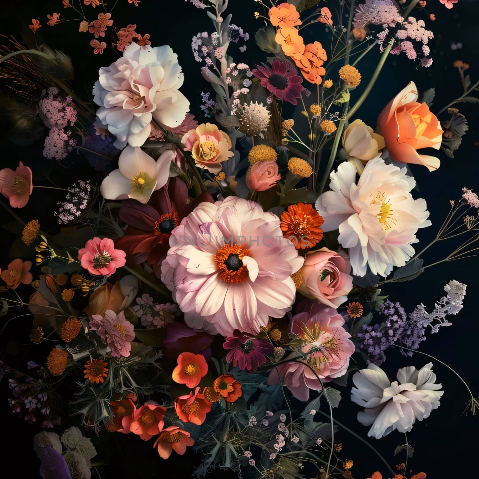 A bouquet of colorful field flowers on a dark background. Flowering flowers, a symbol of spring, new life. A joyful time of nature waking up to life.