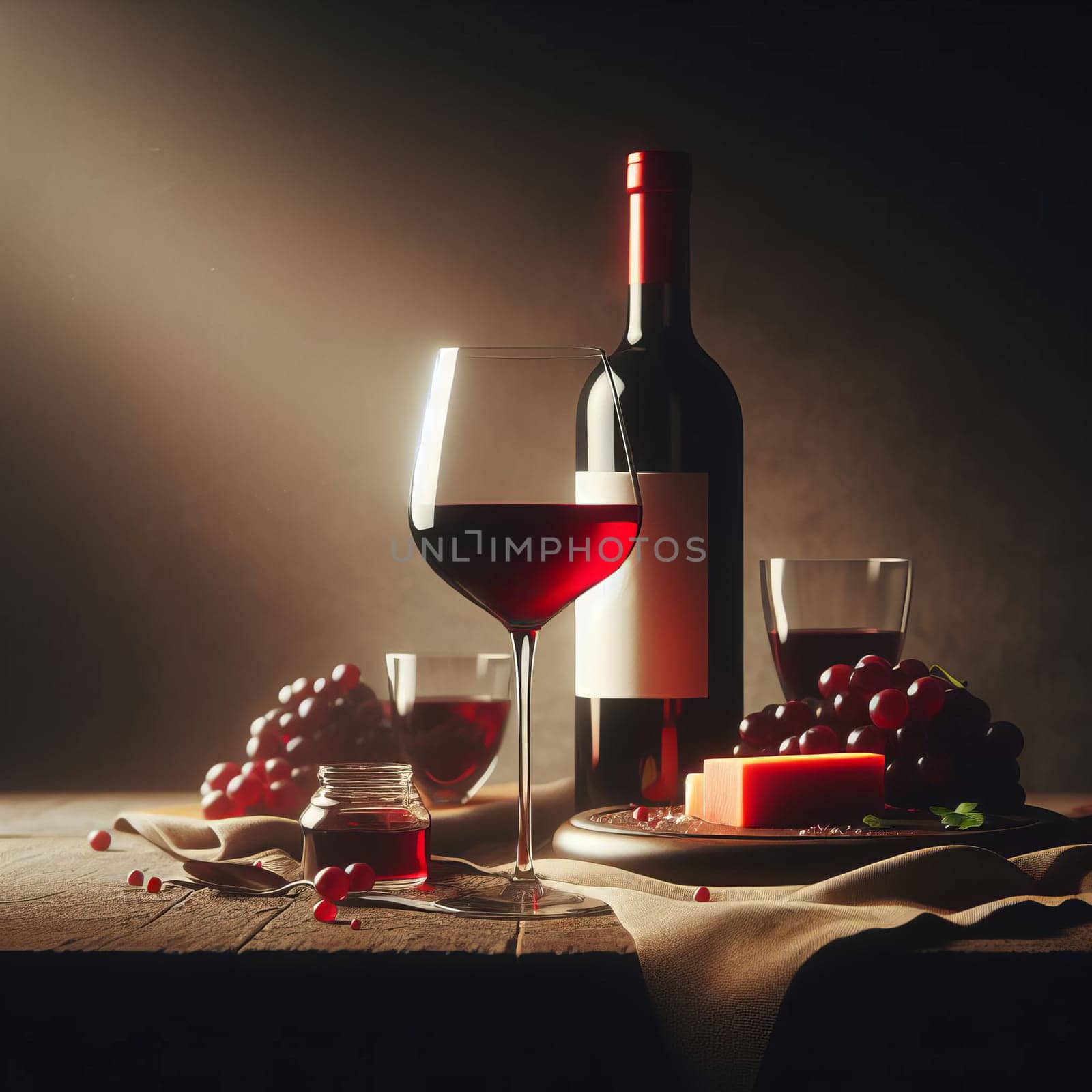 Elegant and romantic setting with a wine bottle, glass, and grapes on a table, under soft lighting