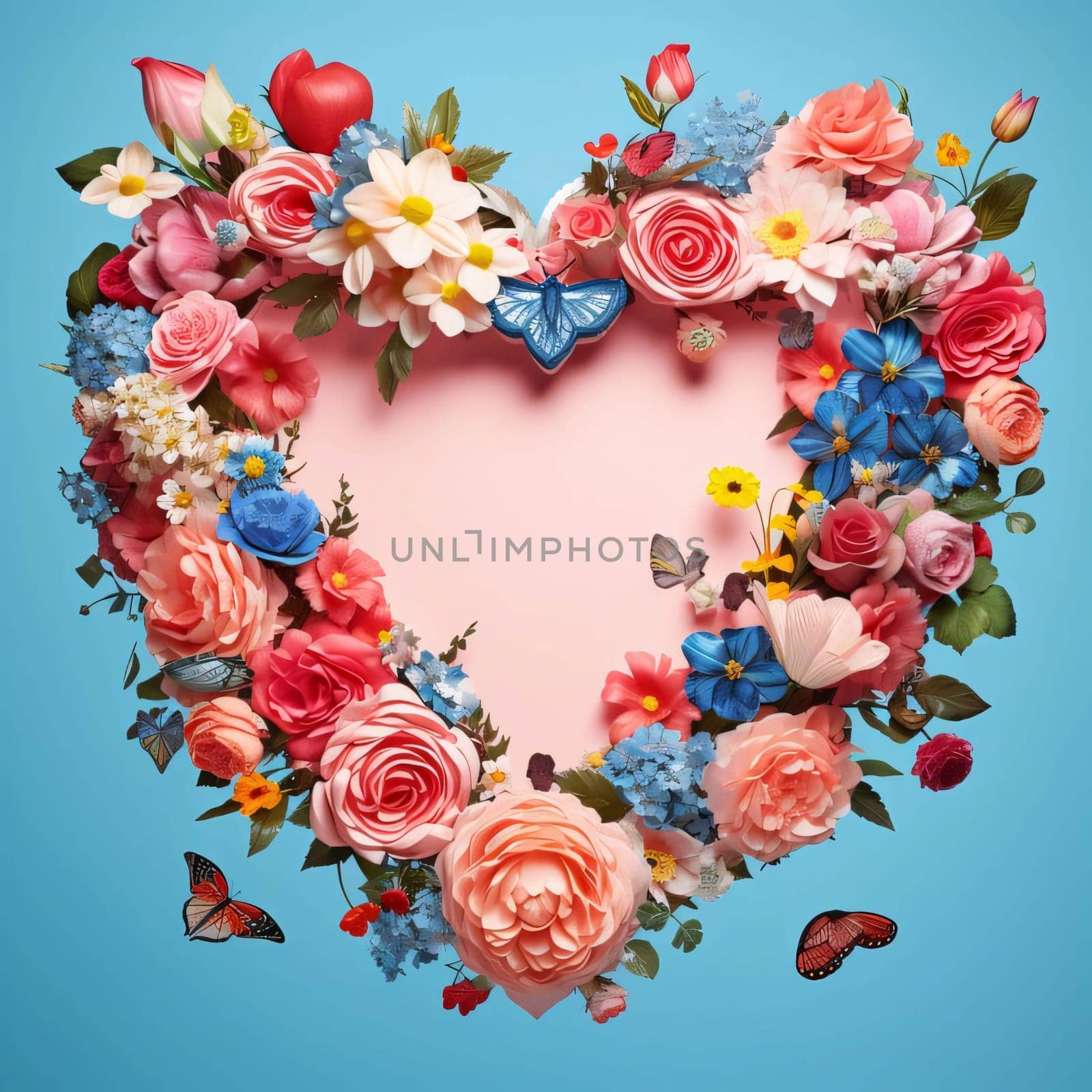 Heart of colorful flowers in the middle blank with space for your own content, blue background. Flowering flowers, a symbol of spring, new life. A joyful time of nature waking up to life.