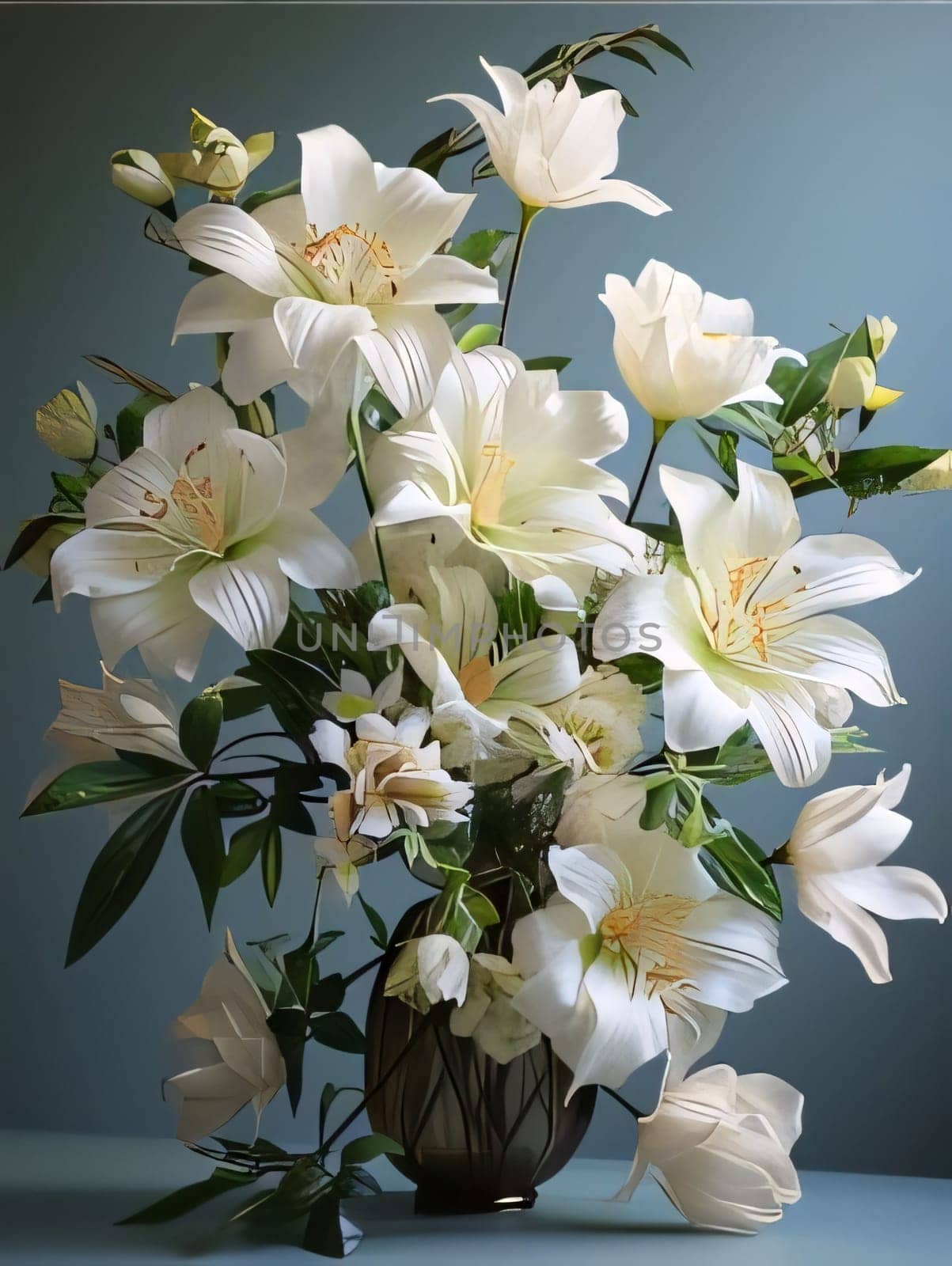 Bouquet of white lilies with green leaves in a vase gray background. Flowering flowers, a symbol of spring, new life. A joyful time of nature waking up to life.