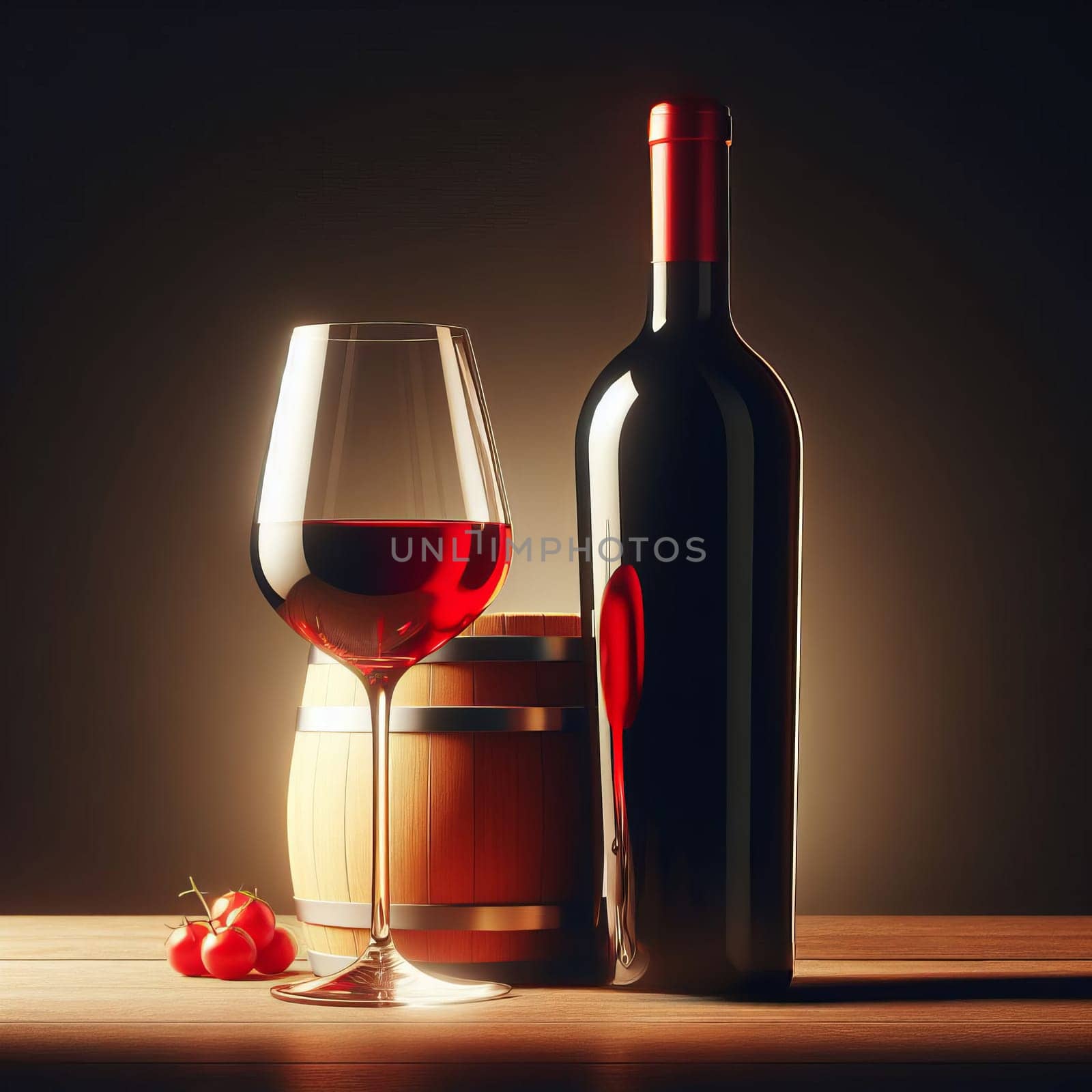 A glass and bottle of red wine on a wooden table, accompanied by a small barrel and cherries, under soft lighting