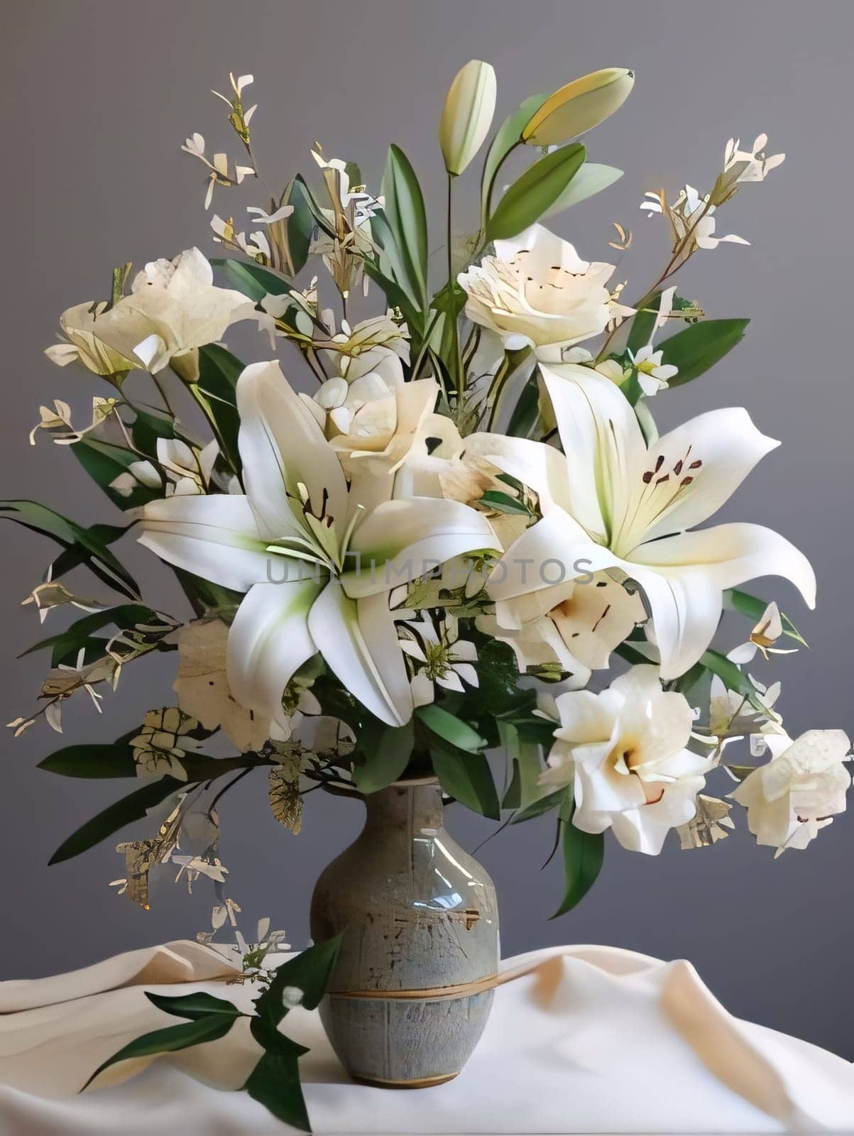 Bouquet of white lilies with green leaves in a vase gray background. Flowering flowers, a symbol of spring, new life. by ThemesS