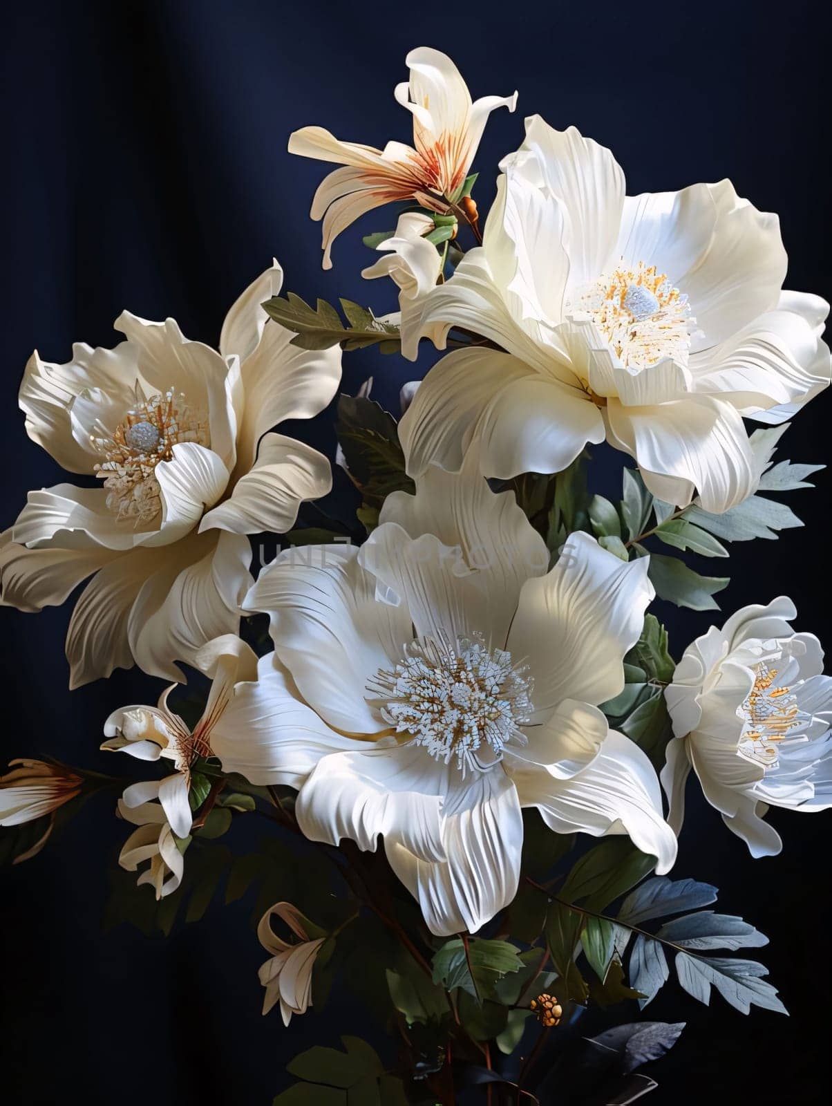 Bouquet of white flowers with green leaves on a dark background. Flowering flowers, a symbol of spring, new life. A joyful time of nature waking up to life.