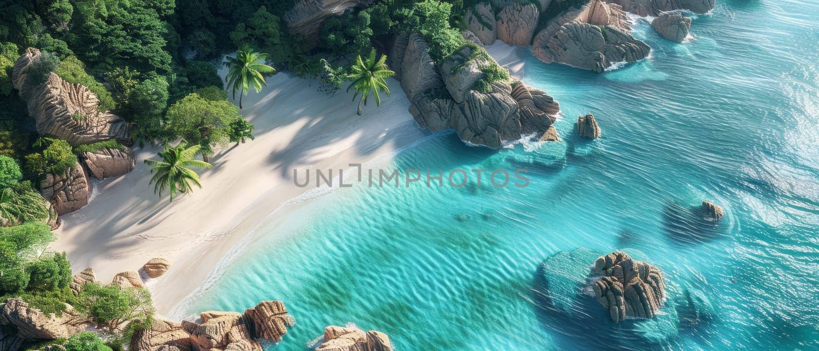 A beach scene with two lounge chairs on the sand by AI generated image.