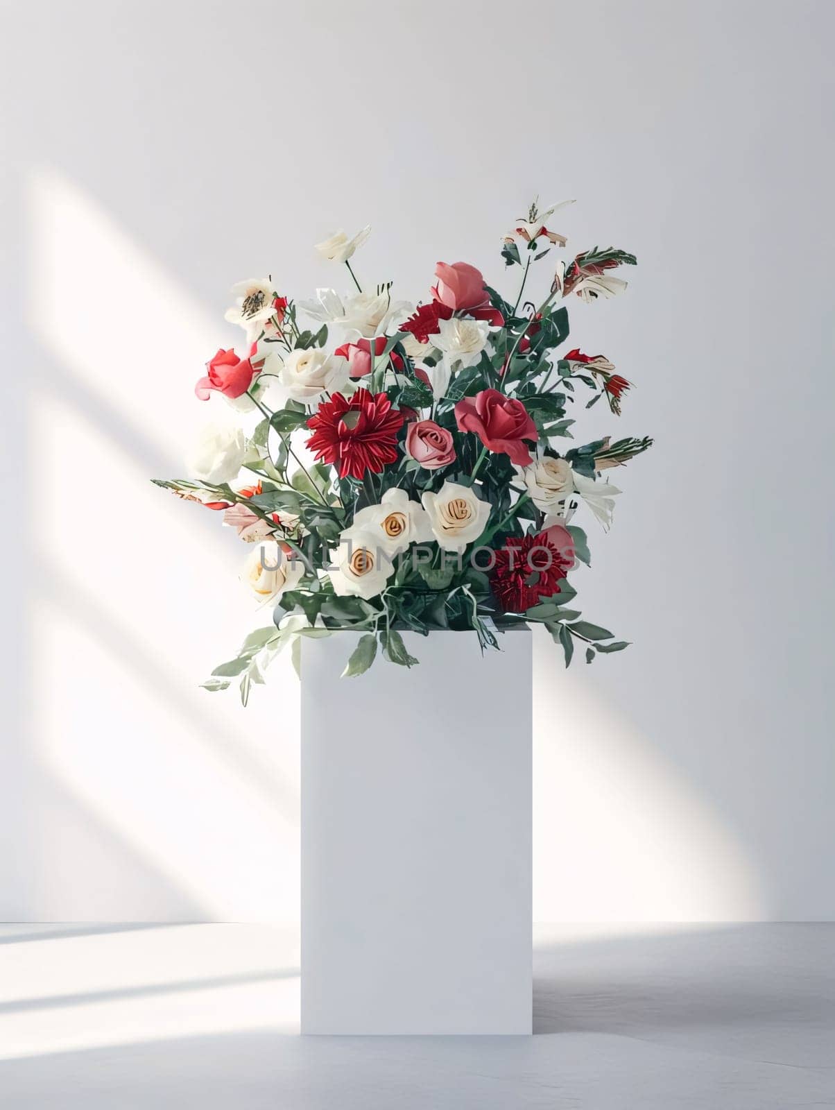 Bouquet of white and red flowers with green leaves in a square vase on a white background. Flowering flowers, a symbol of spring, new life. A joyful time of nature waking up to life.