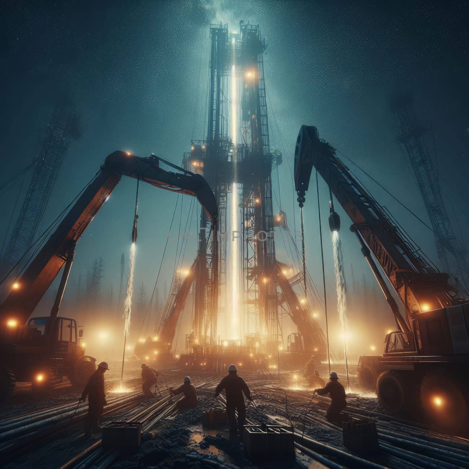 Dramatic image of an oil drilling rig at night, with workers and machinery in the foreground, under bright lights