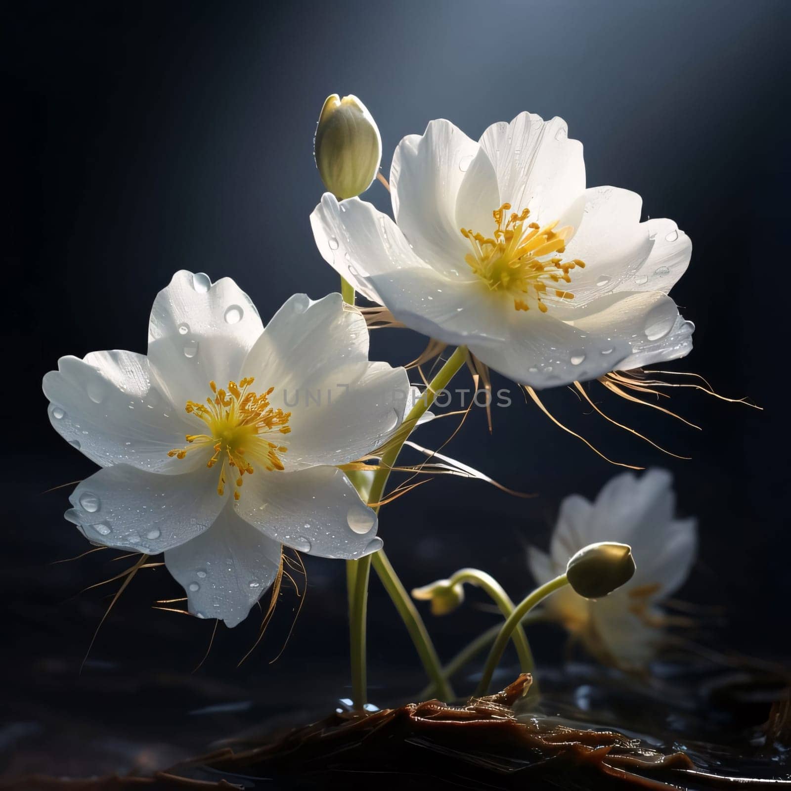 Two white flowers with petals and drops of dew, water and buds on a dark background. Flowering flowers, a symbol of spring, new life. A joyful time of nature waking up to life.