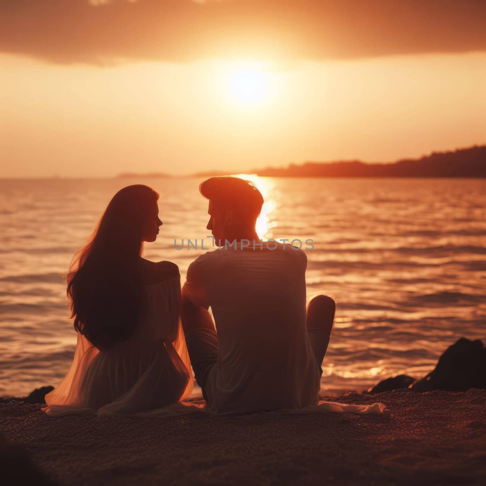 Silhouetted couple enjoying a serene sunset by the sea, creating a romantic and peaceful scene