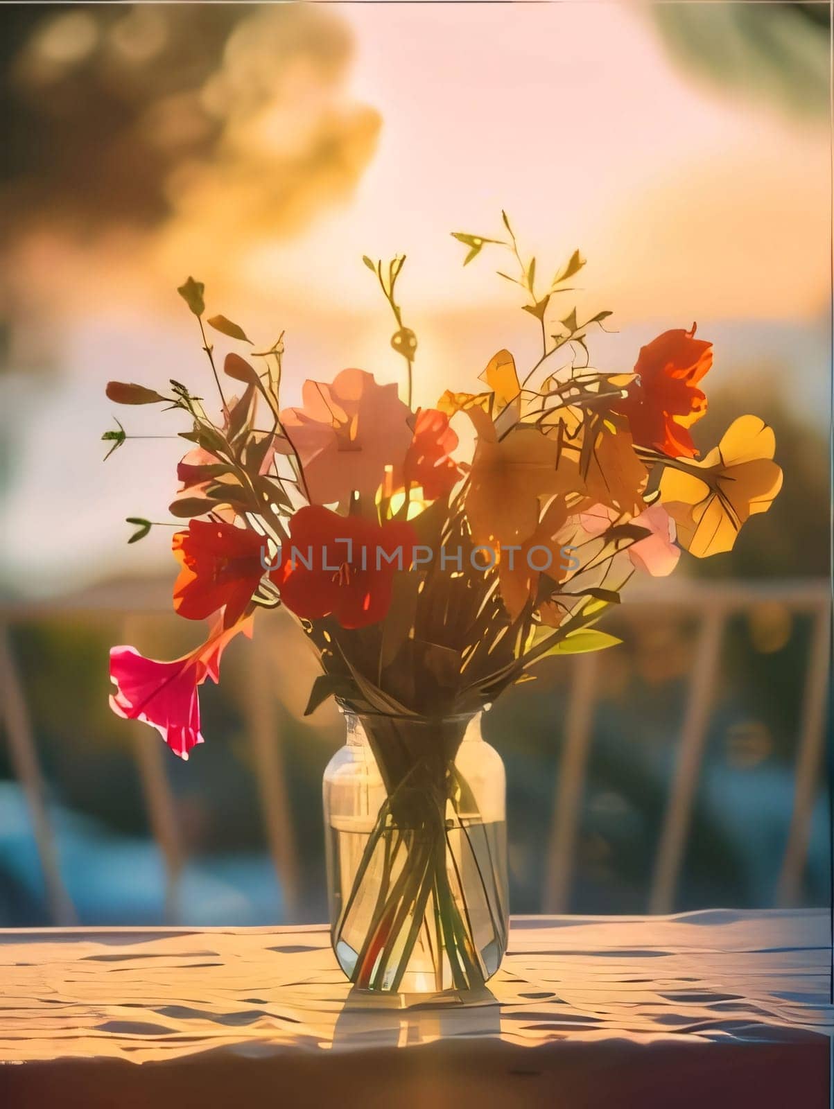 Illustration of colorful flowers in White vase on the table in the background rays of the setting sun smeared. Flowering flowers, a symbol of spring, new life. by ThemesS