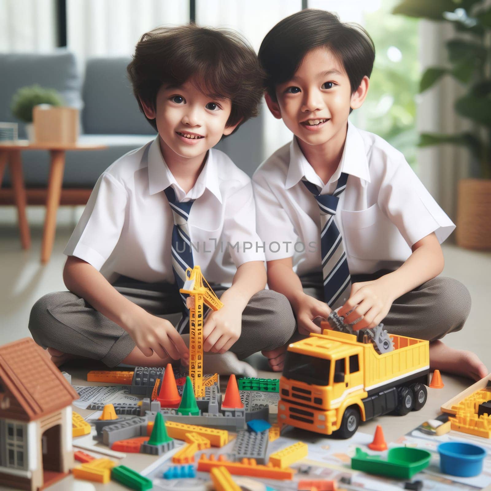 Two asian kids in school uniforms engaged in creative play with colorful building blocks and toy vehicles