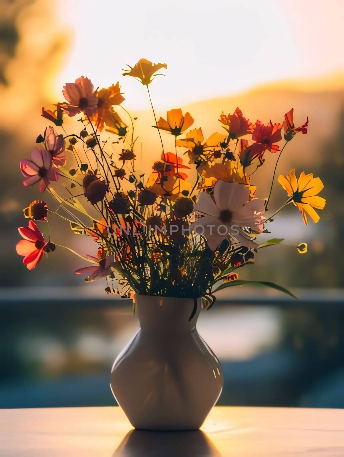 Illustration of colorful flowers in White vase on the table in the background rays of the setting sun smeared. Flowering flowers, a symbol of spring, new life. A joyful time of nature waking up to life.