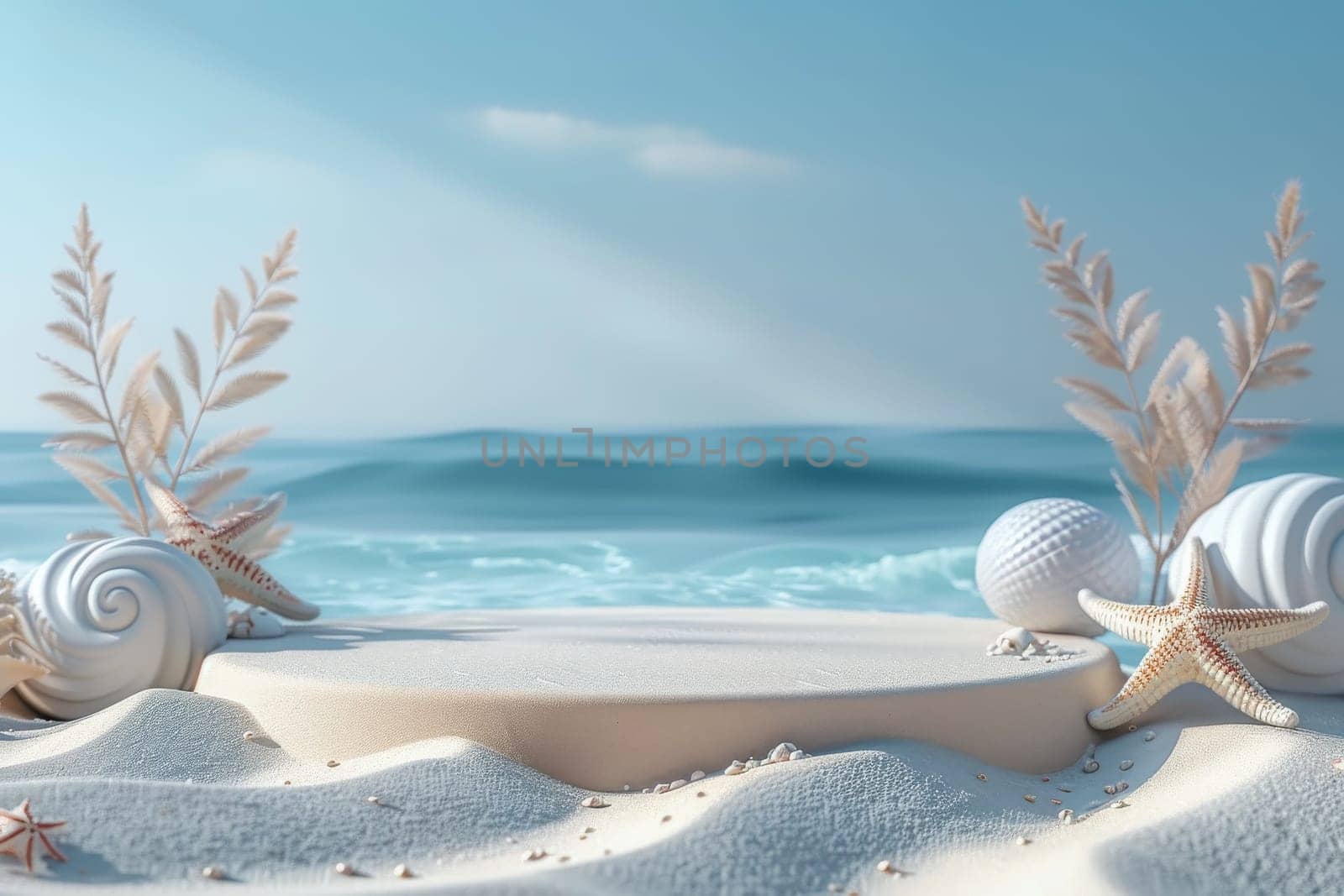 A beach scene with a white sand area and a small stage with a few shells and a golf ball