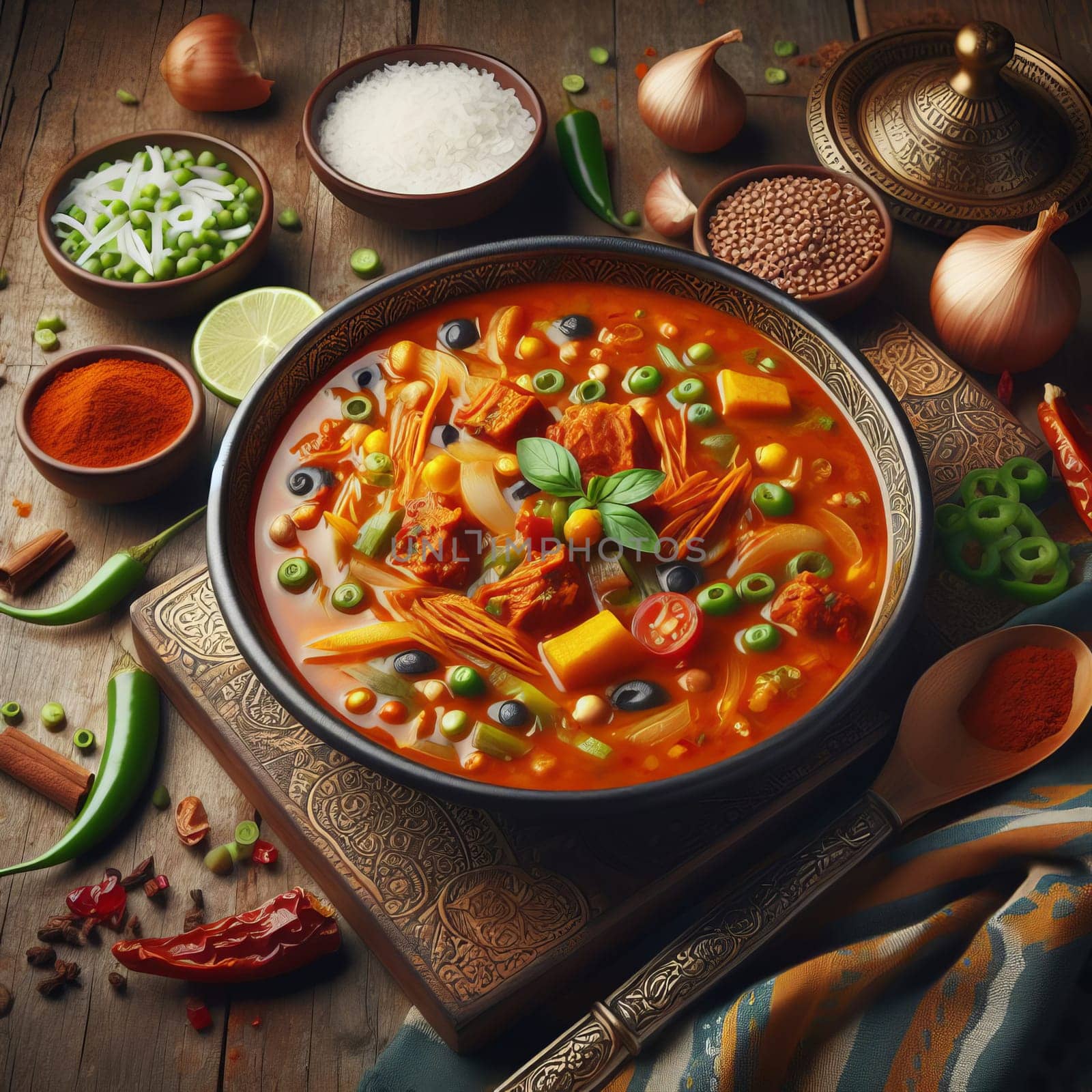 A vibrant bowl of spicy Asian soup, surrounded by fresh ingredients and spices on a wooden table. by sfinks