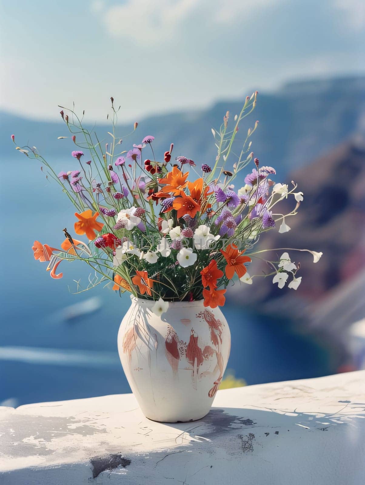 White Painted vase on Stone railing with colorful field flowers, bay view behind. Flowering flowers, a symbol of spring, new life. A joyful time of nature waking up to life.