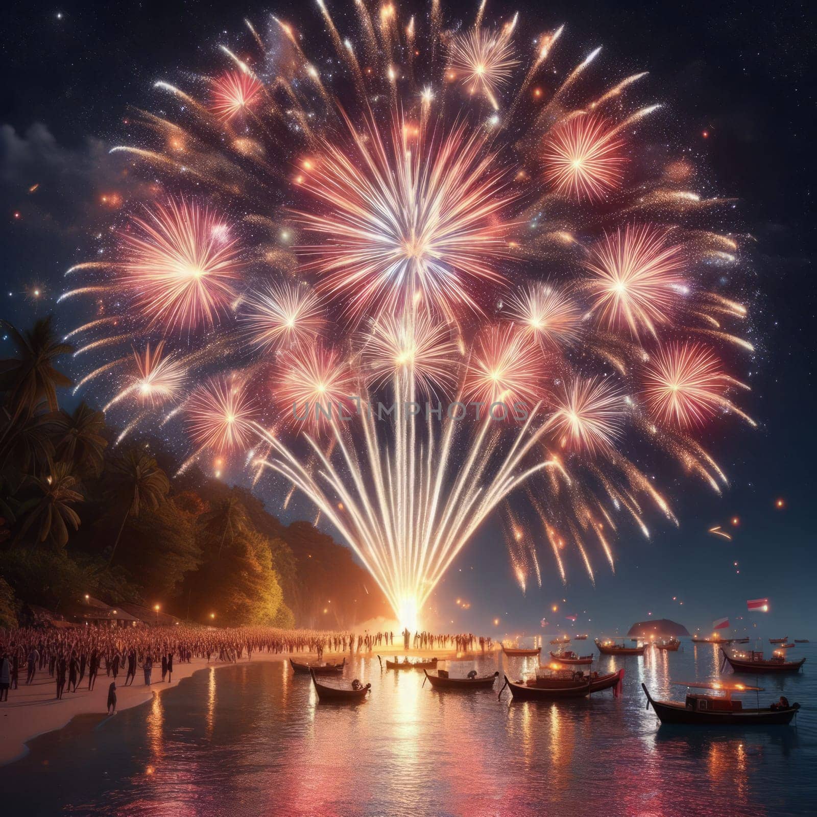 Breathtaking fireworks display illuminating the night sky over a beach crowded with spectators. by sfinks