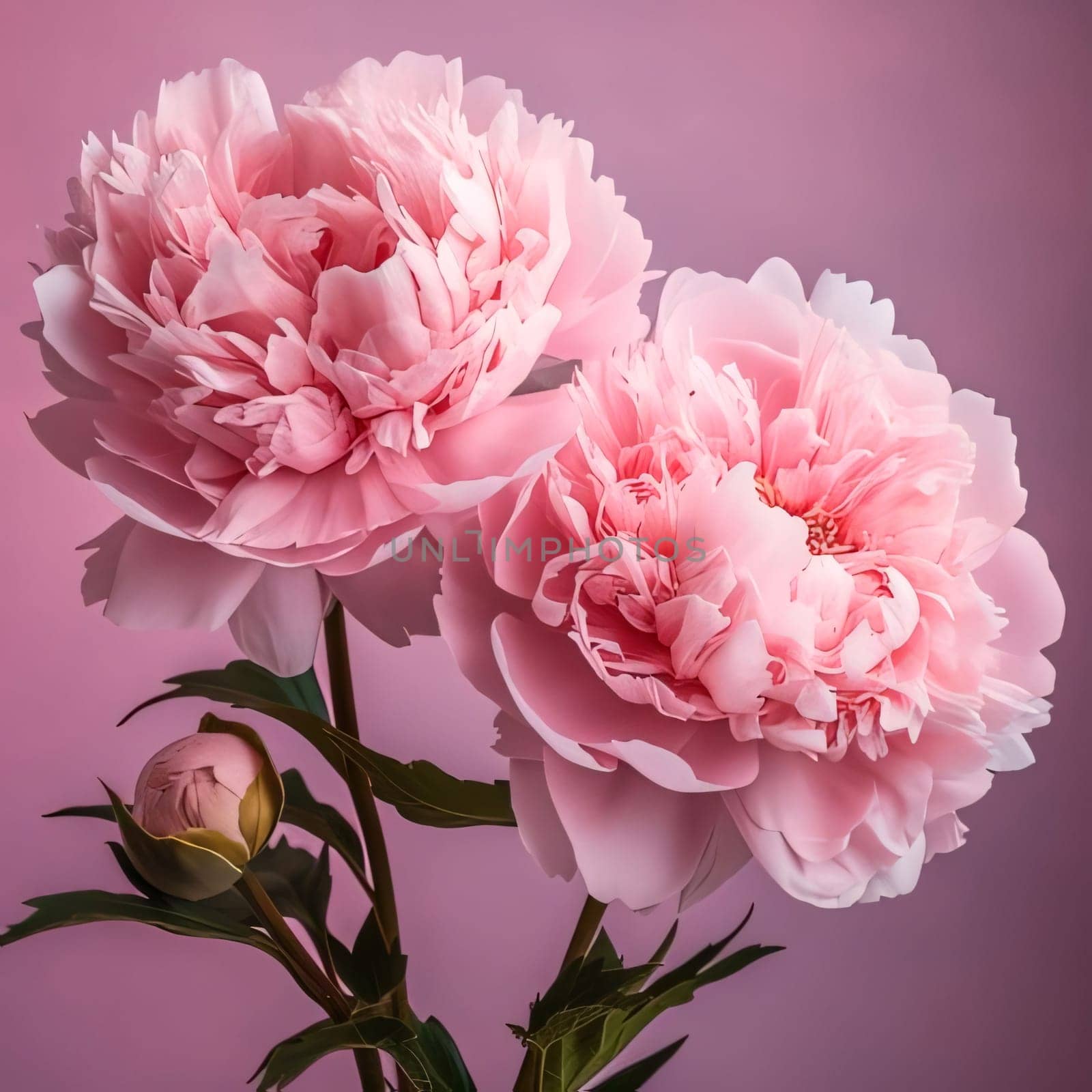 Two pink peony flowers and one bud. Dark background. Flowering flowers, a symbol of spring, new life. A joyful time of nature waking up to life.