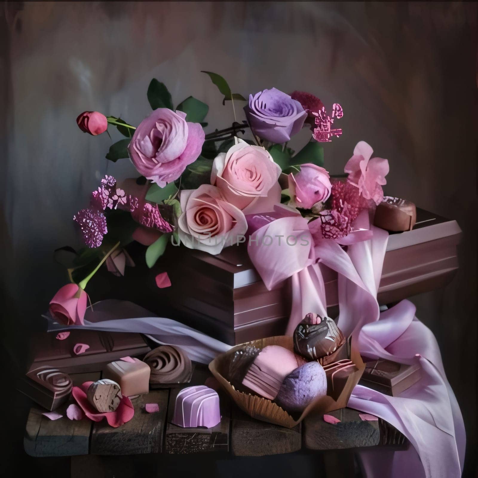 Wooden table on it cakes and flowers, roses, dark background. Flowering flowers, a symbol of spring, new life. A joyful time of nature waking up to life.