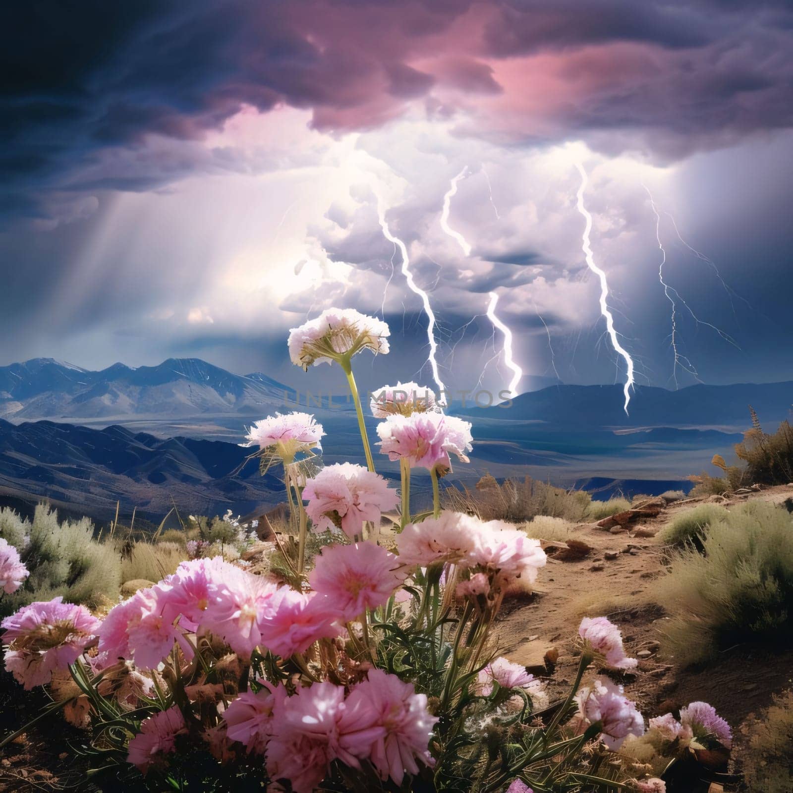 Growing pink flowers on dry mountain sands, high mountains in the distance and lightning clouded skies storm. Flowering flowers, a symbol of spring, new life. A joyful time of nature waking up to life.