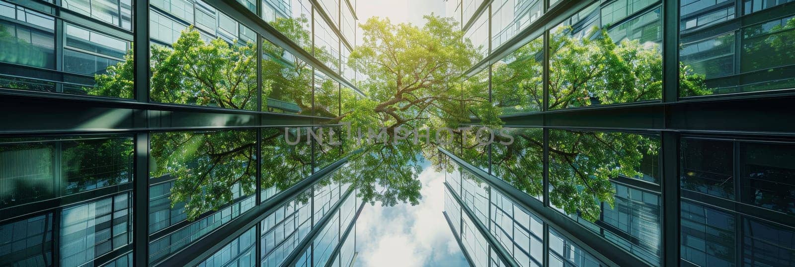 A large glass building with a tree in front of it by AI generated image.