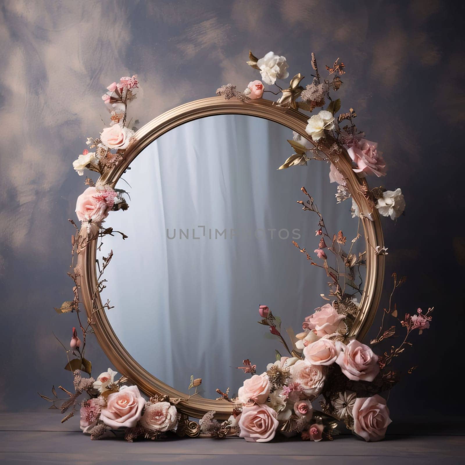 Mirror decorated with pink roses, flowers, dark background. Flowering flowers, a symbol of spring, new life. A joyful time of nature waking up to life.