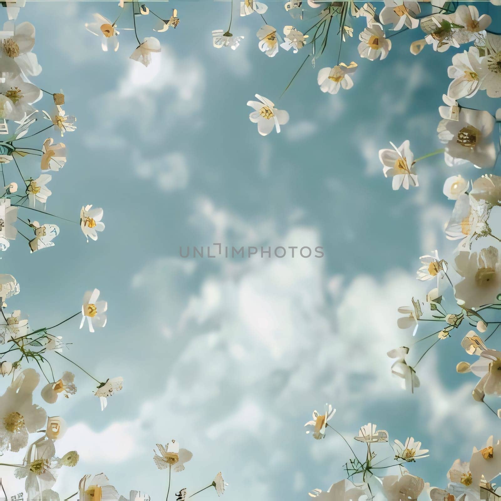 View of the sky clouds around small, small white flowers, petals. Flowering flowers, a symbol of spring, new life. by ThemesS