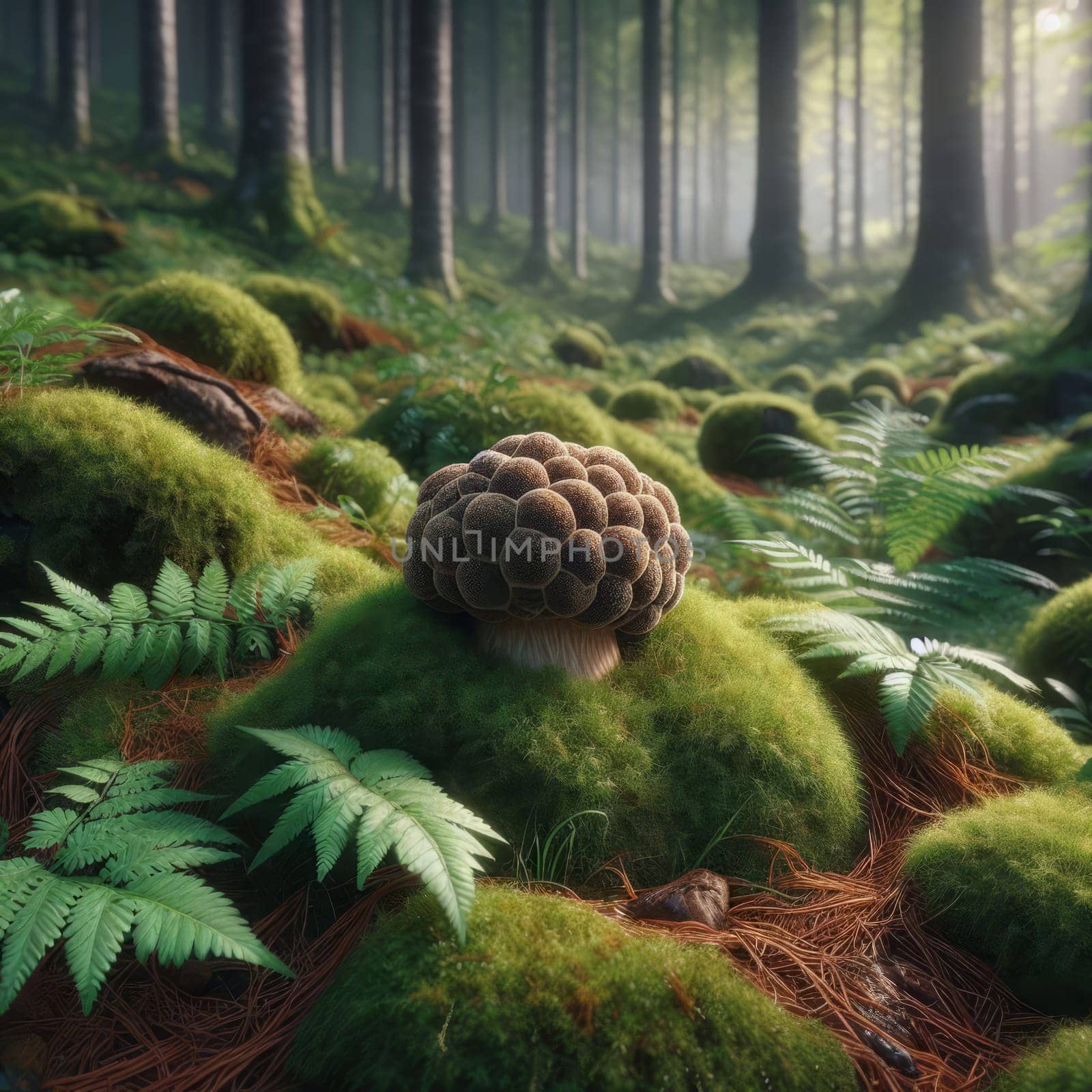 Mystical forest scene with a unique truffle mushroom amidst lush greenery, illuminated by soft, ethereal light. by sfinks