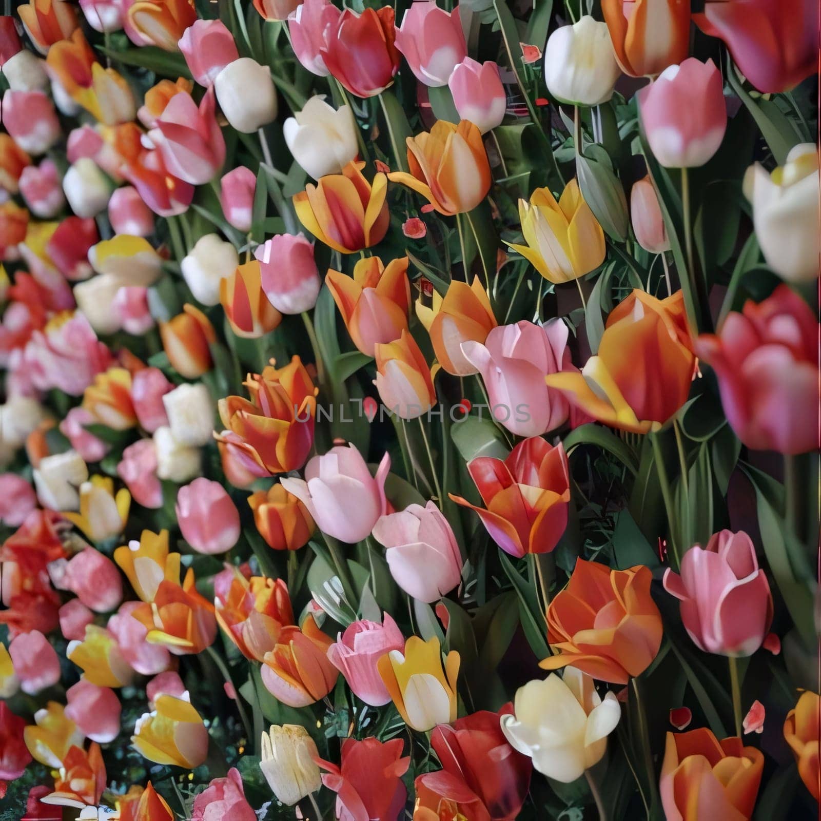 Growing side by side colorful red, white, pink, orange tulips. Flowering flowers, a symbol of spring, new life. by ThemesS