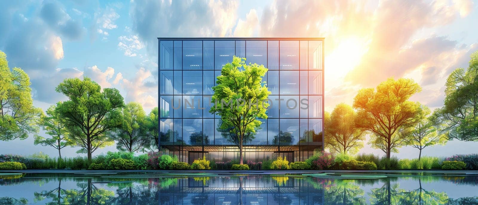 A large glass building with a tree in front of it by AI generated image.