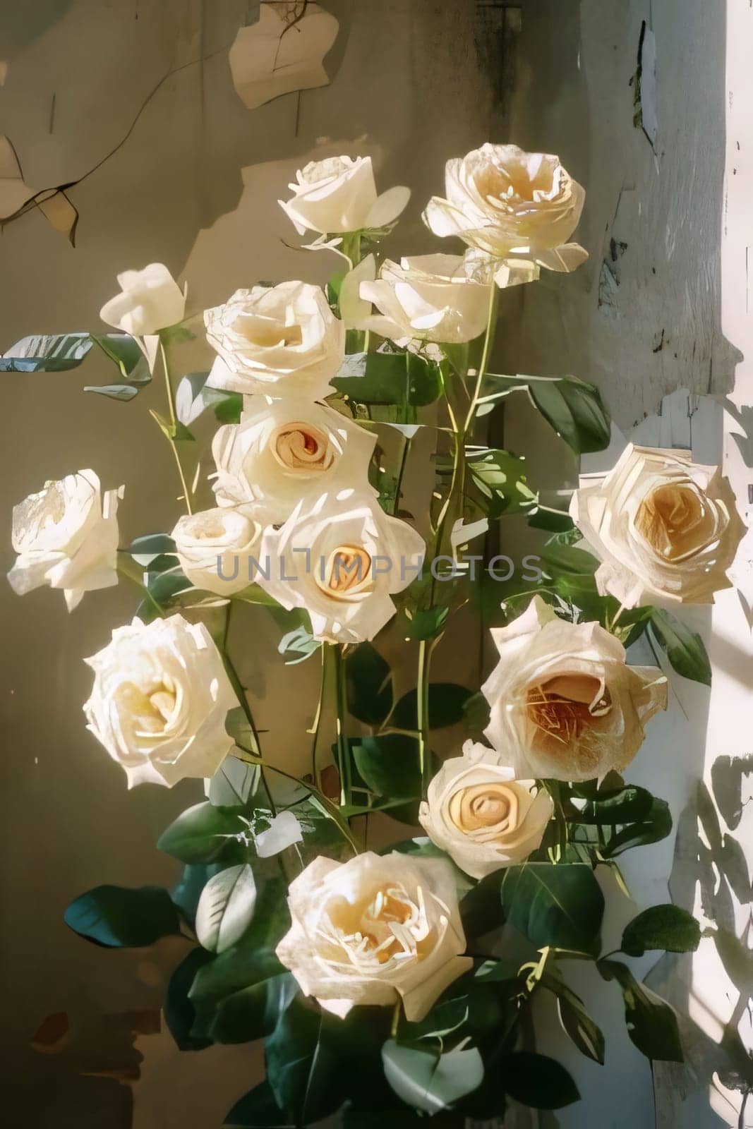 A bouquet of white roses on the background of a bright wall. Flowering flowers, a symbol of spring, new life. by ThemesS