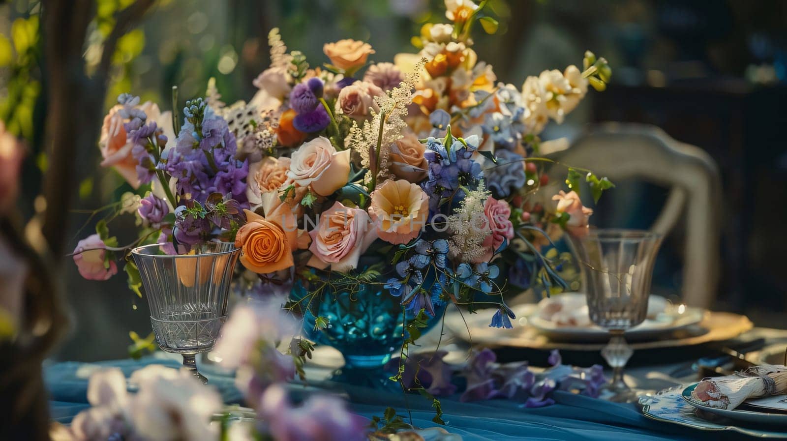 A bouquet of colorful flowers on the table around the plates glasses. Flowering flowers, a symbol of spring, new life. A joyful time of nature waking up to life.