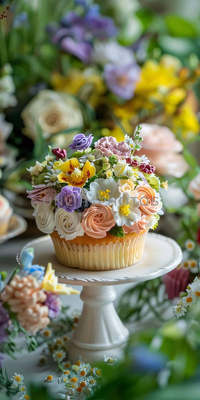 Cupcakes with flowers. Flowering flowers, a symbol of spring, new life. A joyful time of nature waking up to life.