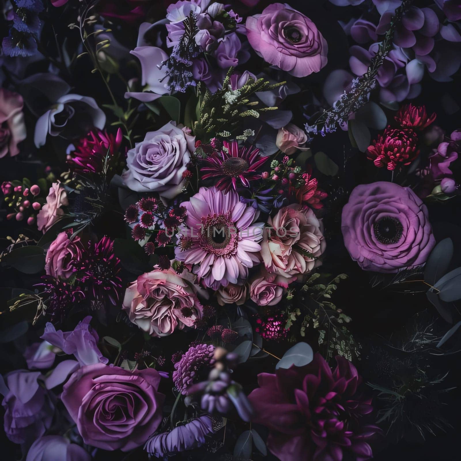 Bouquet of pink and purple flowers on a dark background. Flowering flowers, a symbol of spring, new life. by ThemesS