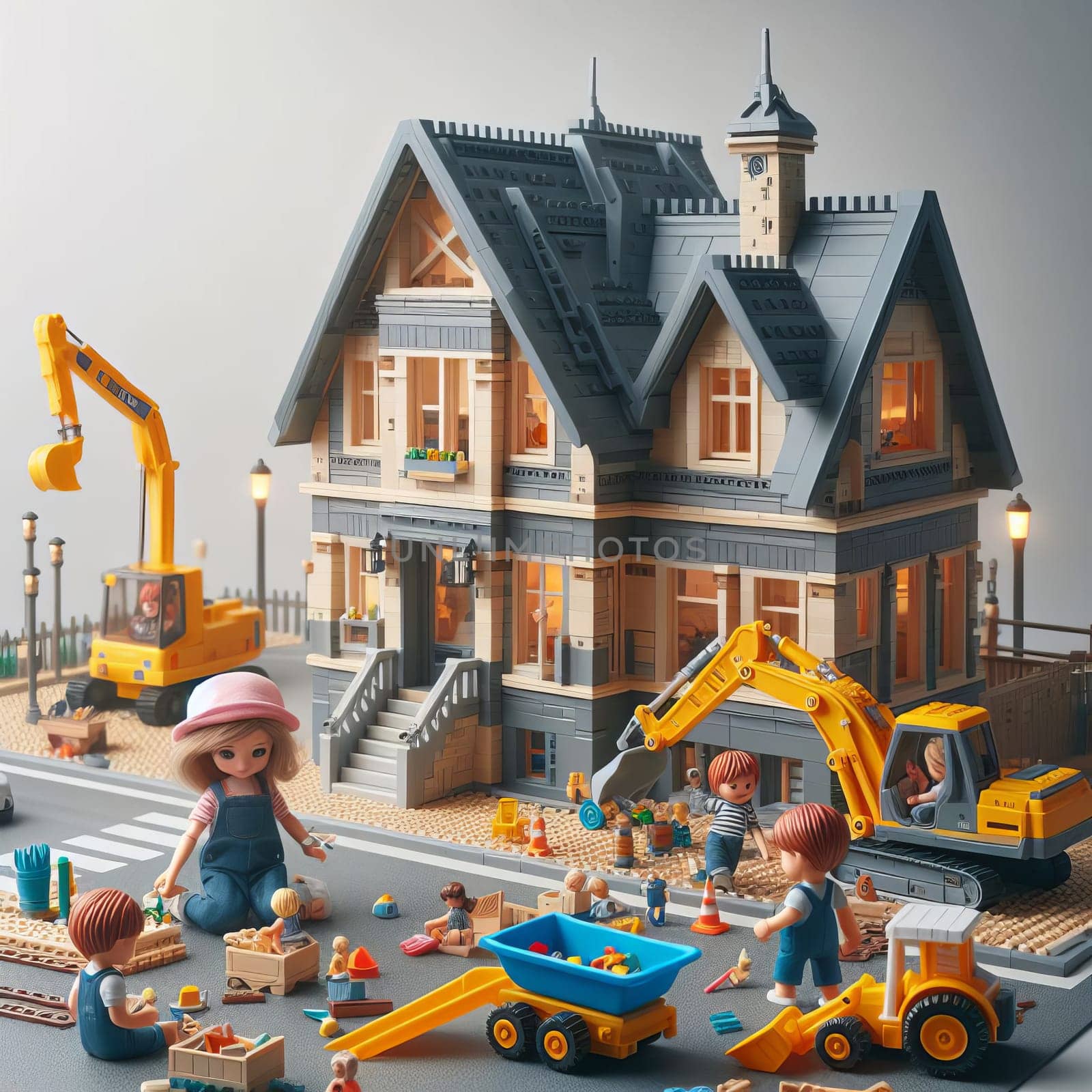 Detailed constructor set of a house under construction with mini figures, equipment, and a playful atmosphere. by sfinks