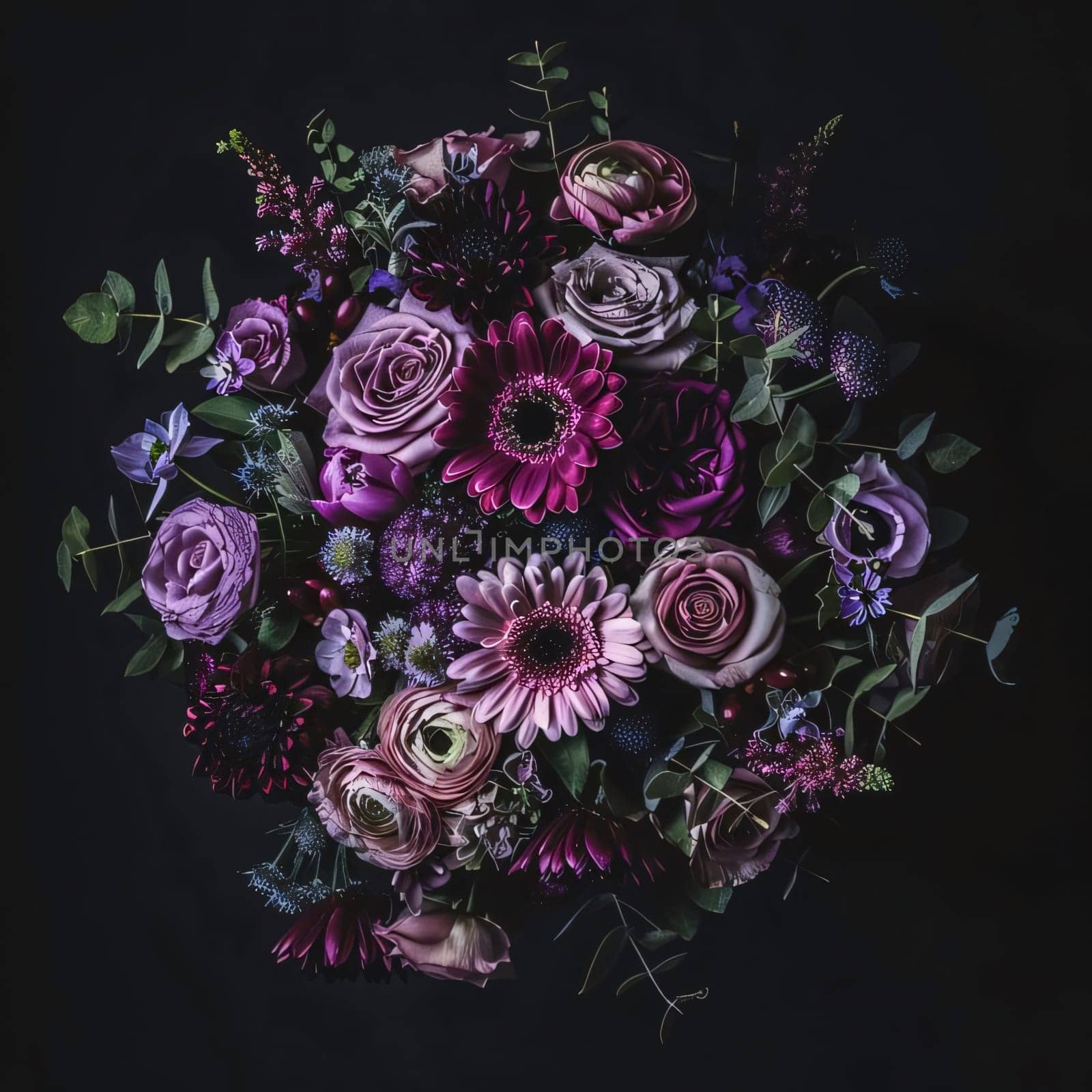 Bouquet of pink and purple flowers on a dark background. Flowering flowers, a symbol of spring, new life. by ThemesS