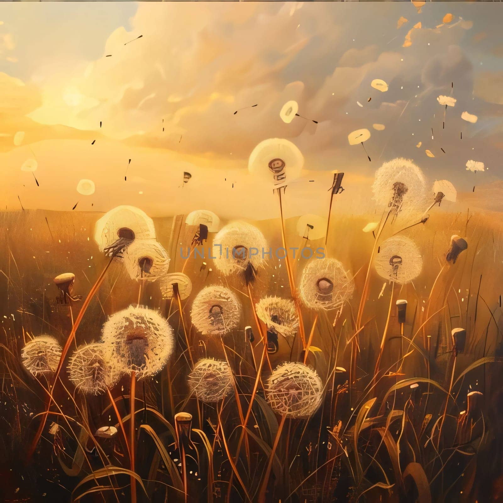 Dandelions in the grass. Sunset. Flowering flowers, a symbol of spring, new life. A joyful time of nature waking up to life.