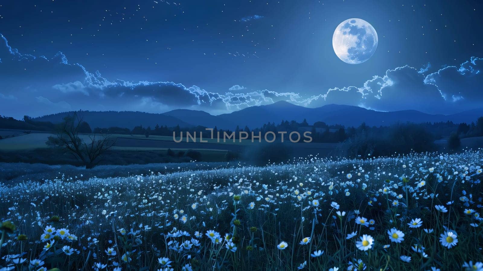 Landscape with a view of a field of flowers at night, in the sky the moon, daisies. Flowering flowers, a symbol of spring, new life. A joyful time of nature waking up to life.