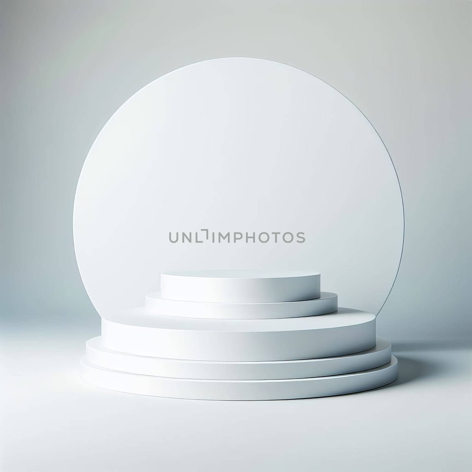 A 3D of a sleek, white circular pedestal with three steps, set against a soft light blue background. by sfinks