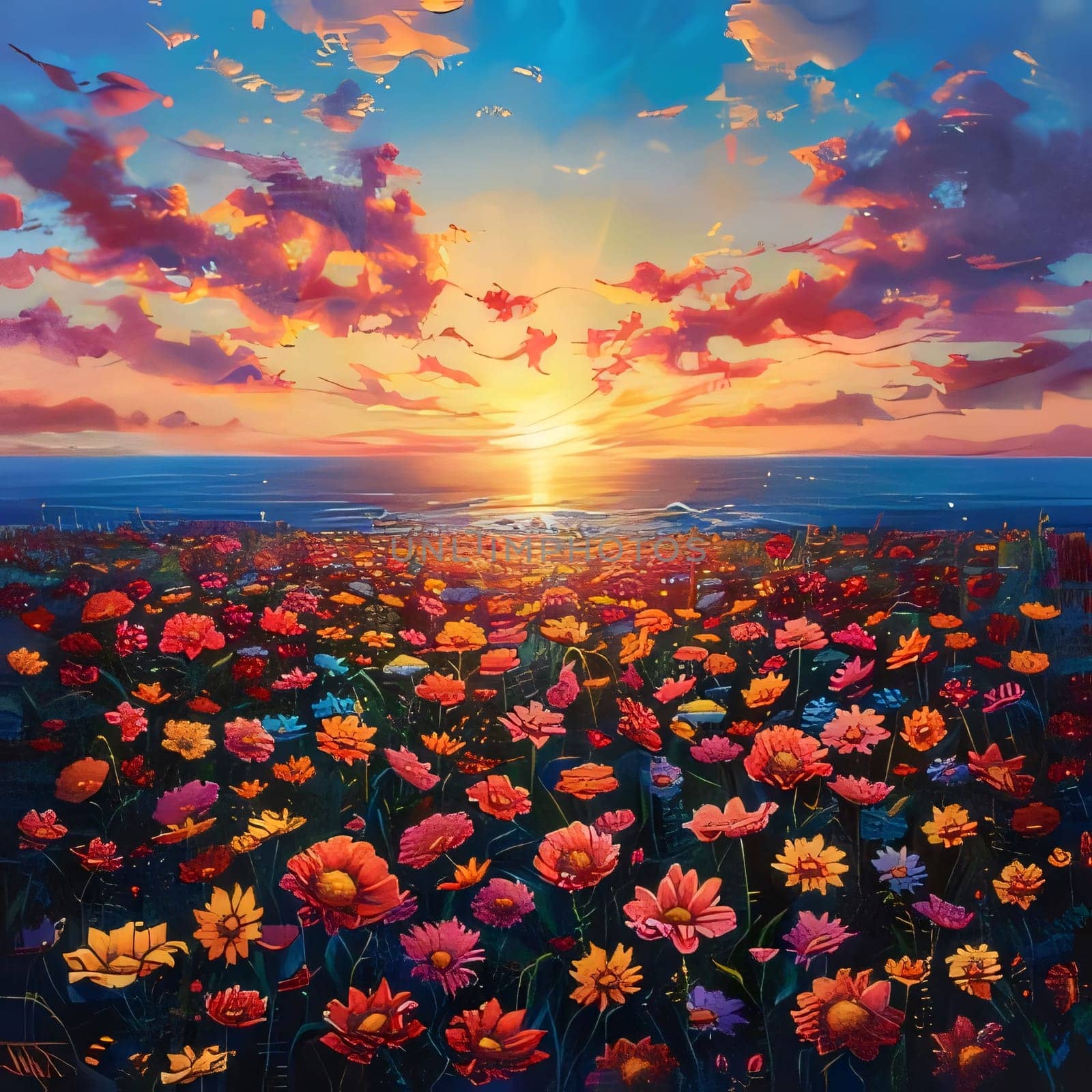Illustration of a field full of colorful orange, pink red Flowers at sunset. Flowering flowers, a symbol of spring, new life. A joyful time of nature waking up to life.