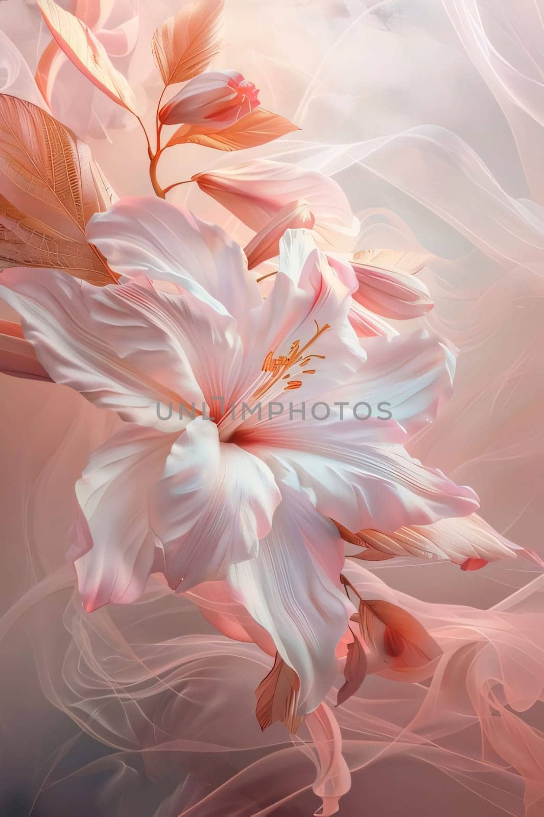 Pink and white lily flower around delicate decorations pink waves. Flowering flowers, a symbol of spring, new life. by ThemesS