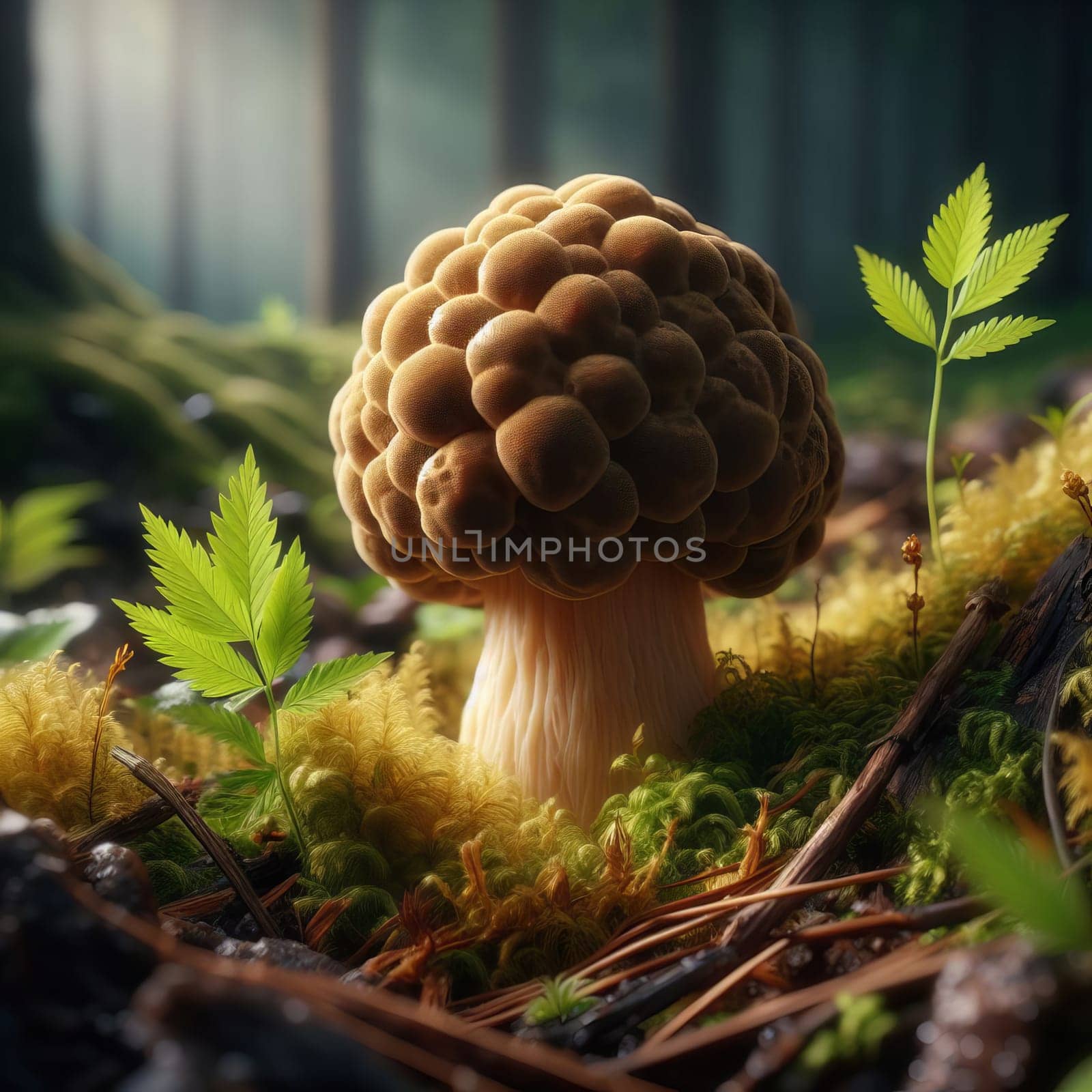 A uniquely shaped truffle mushroom nestled amidst the green foliage of a serene forest setting. by sfinks