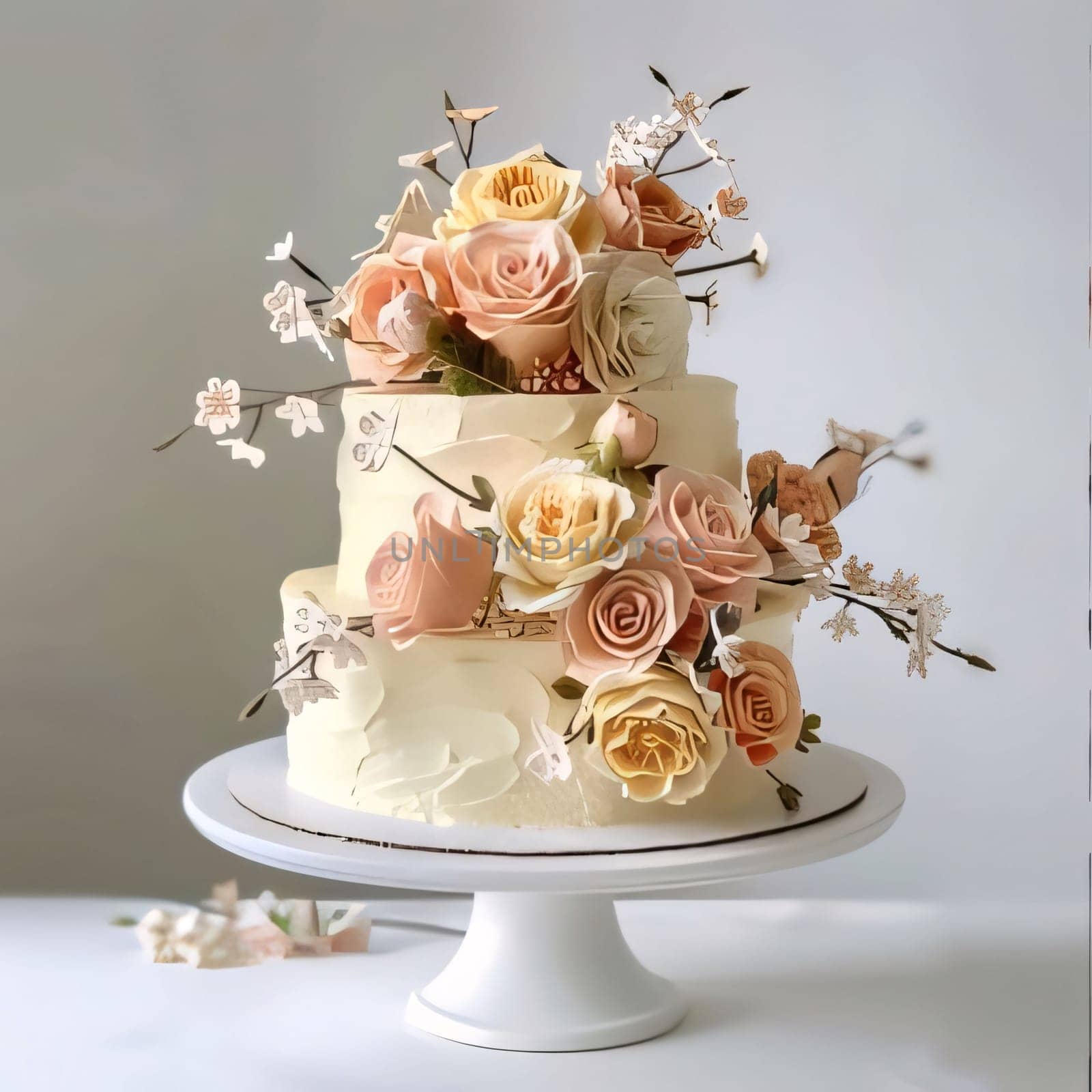 Wedding cake with flowers roses on a white stand, light background. Flowering flowers, a symbol of spring, new life. by ThemesS