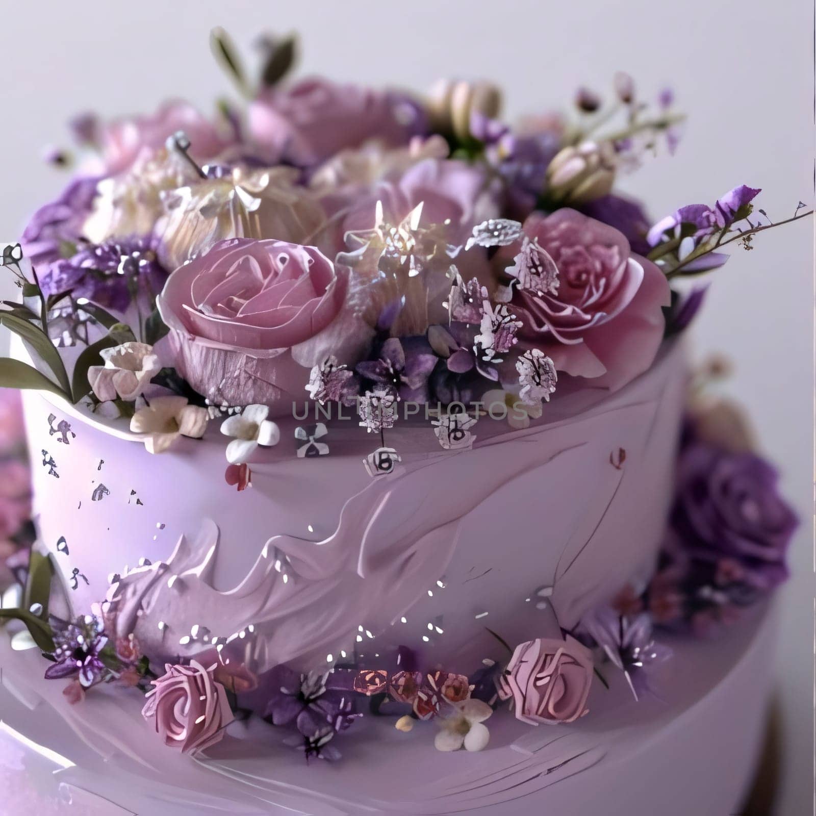 Cake with purple and white petal flowers. Flowering flowers, a symbol of spring, new life. A joyful time of nature waking up to life.