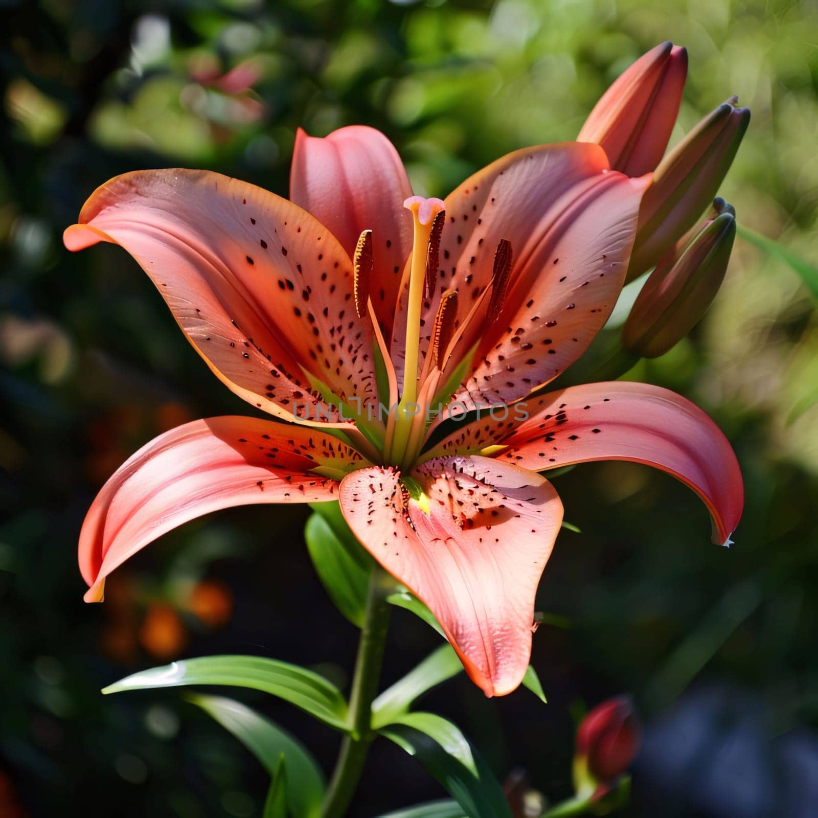 Tiger lily close-up photo of smudged green in the background. Flowering flowers, a symbol of spring, new life. by ThemesS
