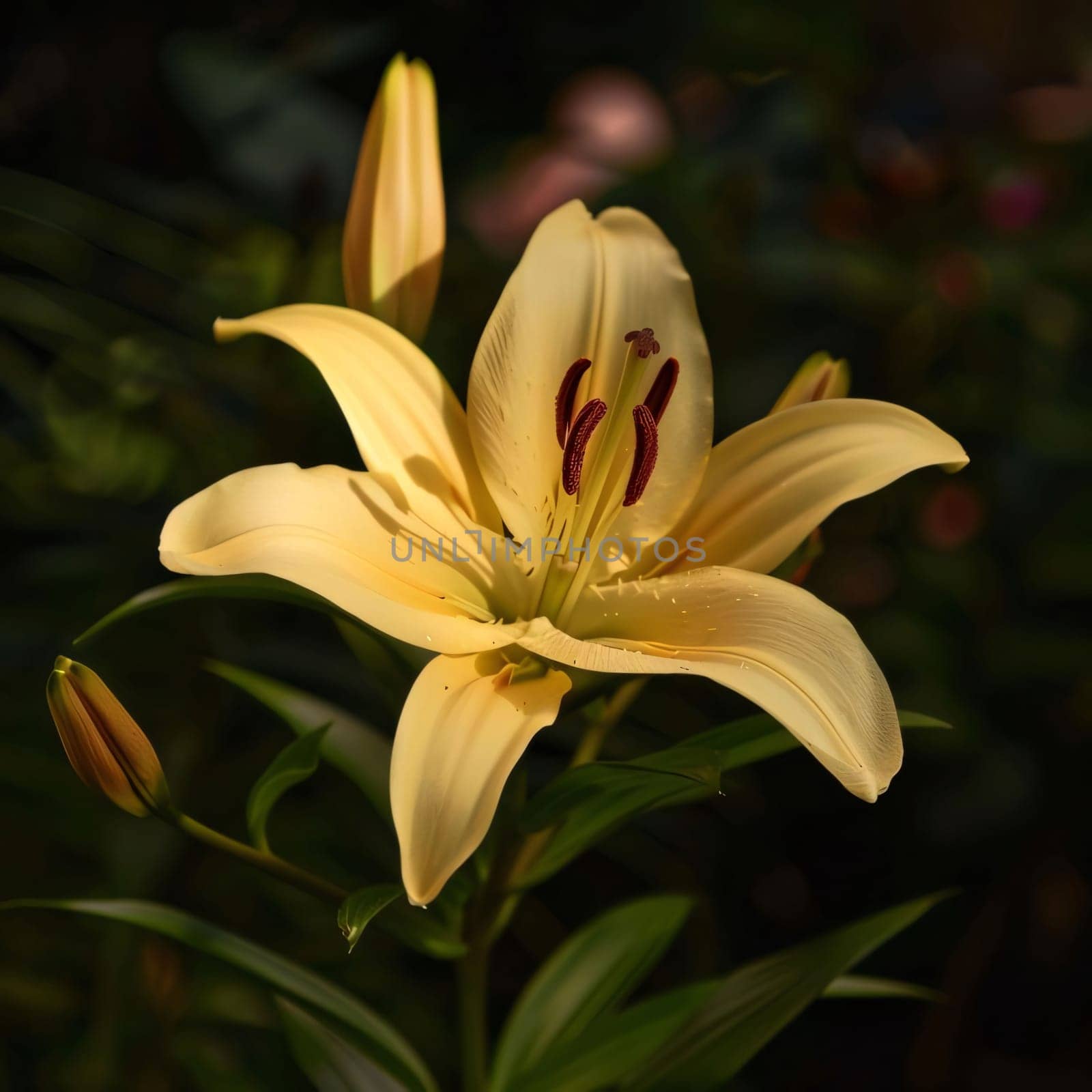 Yellow lily on a dark background close-up view. Flowering flowers, a symbol of spring, new life. by ThemesS