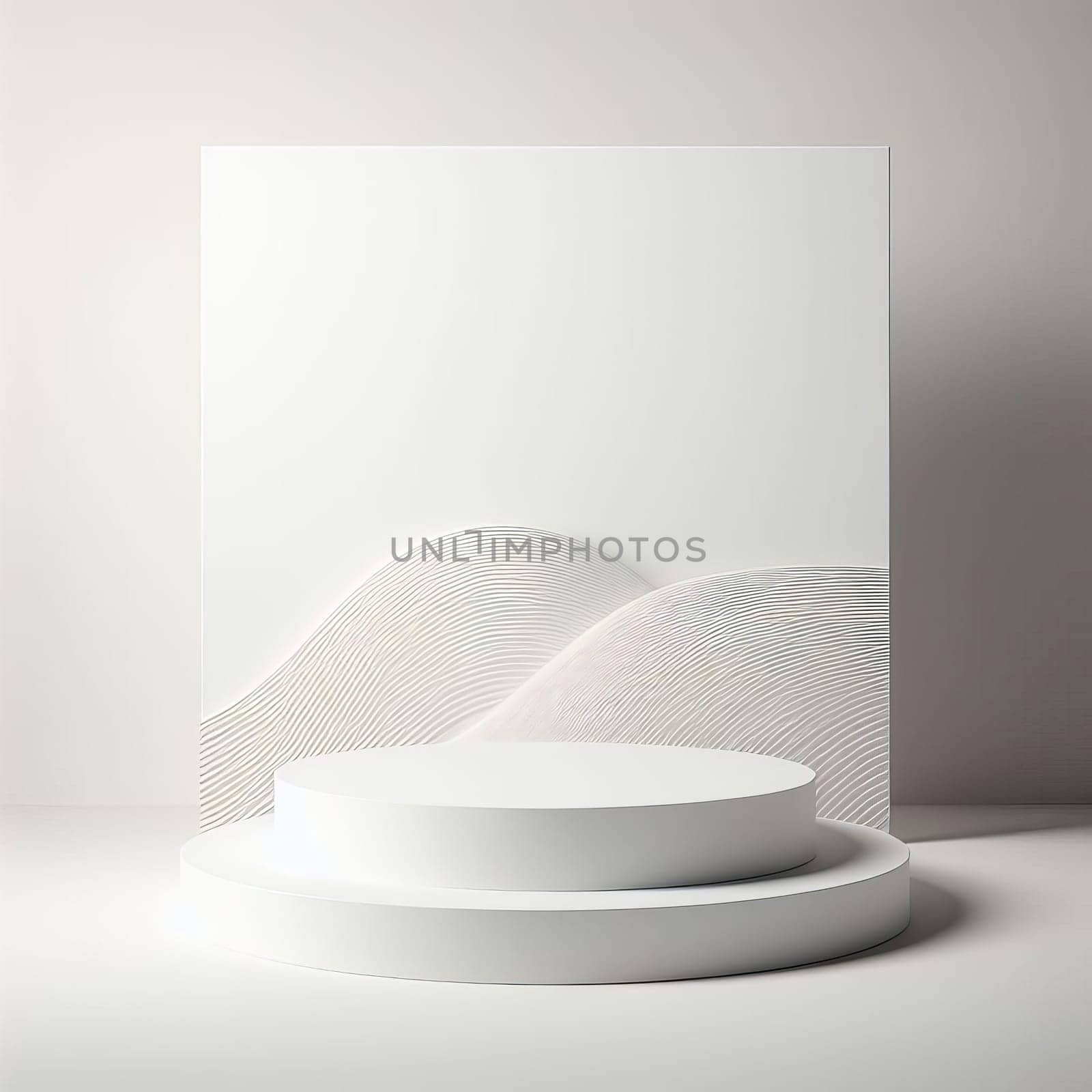 A minimalist white pedestal, set against a white background adorned with a subtle white wave pattern