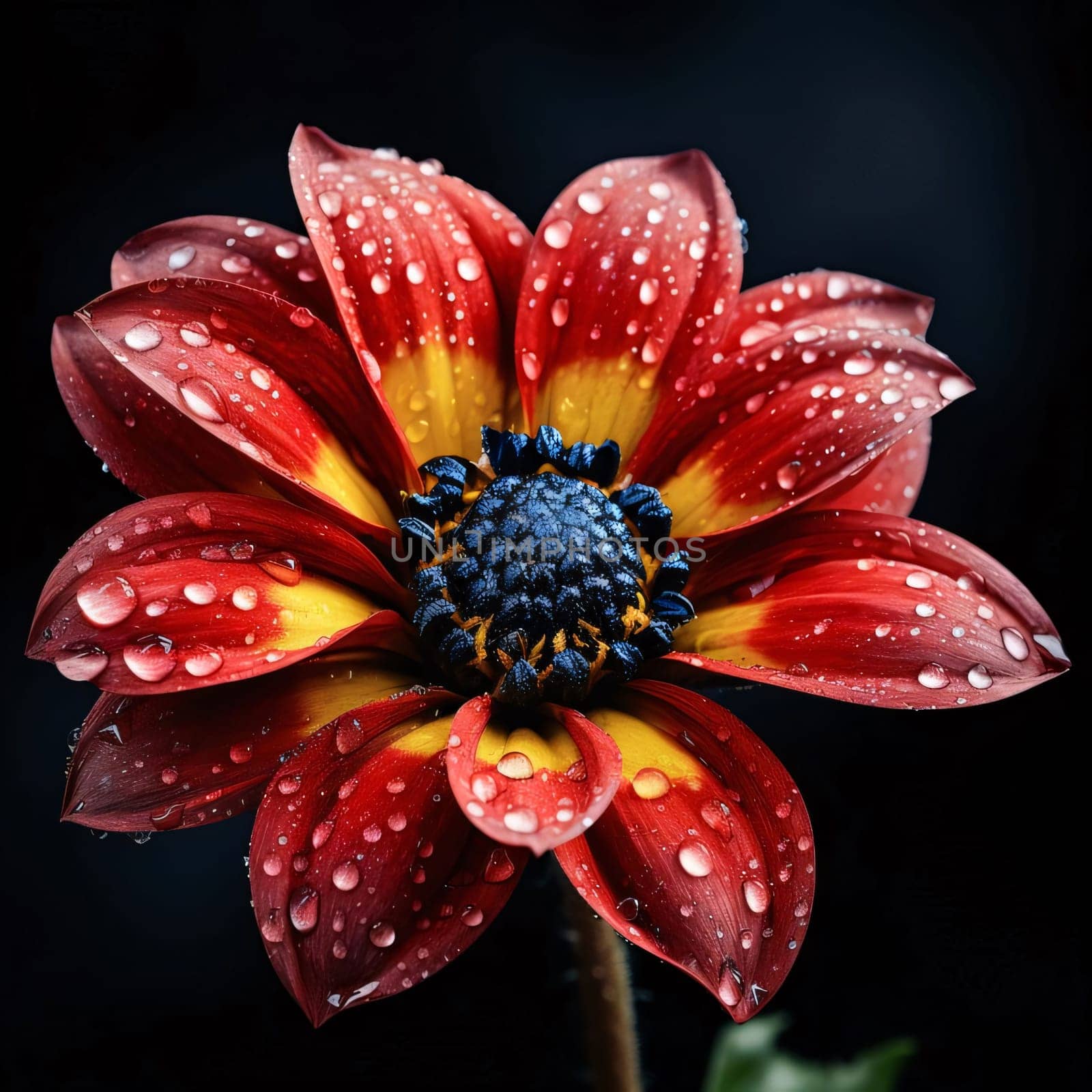 Red flower with water drops isolated on black background. Flowering flowers, a symbol of spring, new life. A joyful time of nature waking up to life.