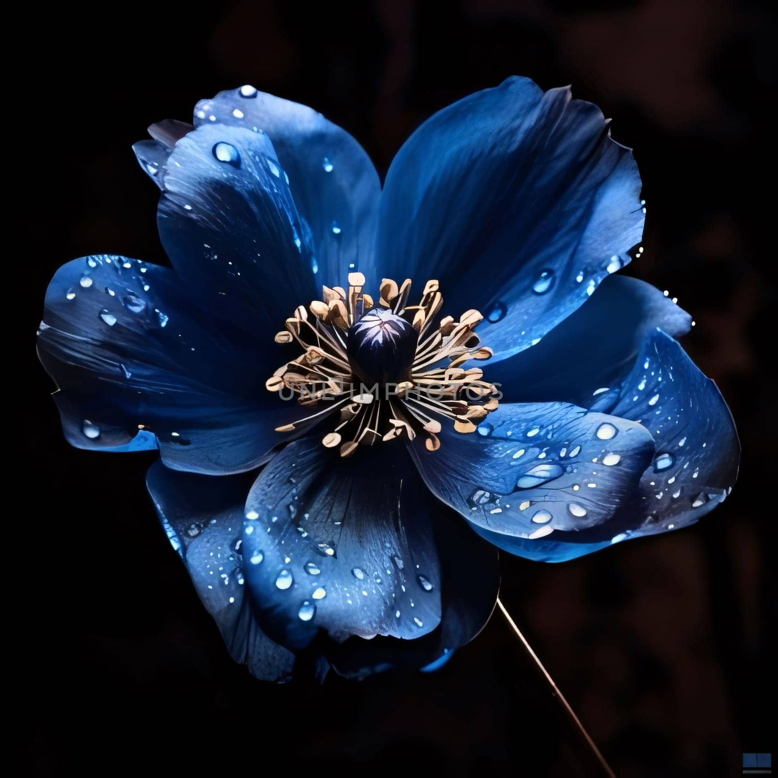 Blue flower with water drops isolated on black background. Flowering flowers, a symbol of spring, new life. by ThemesS