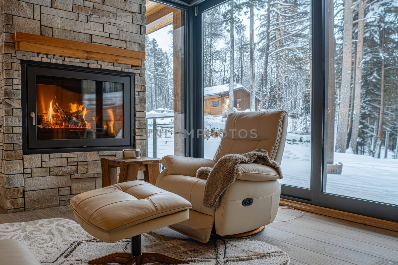 A cozy living room with a fireplace and a white recliner chair. The chair is covered with a blanket and a pillow. The room has a warm and inviting atmosphere